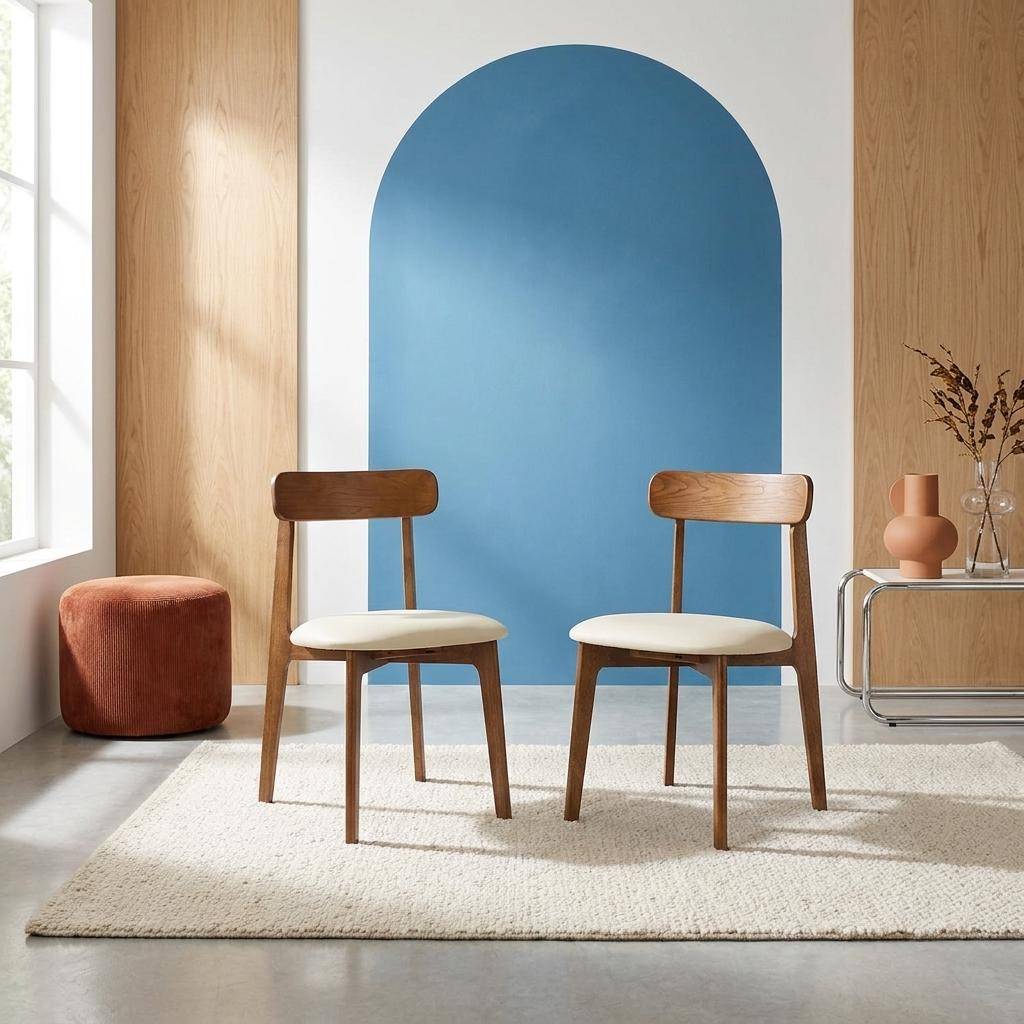 Lot de 2 chaises vintage bois d'hévéa noyer et simili cuir beige - Victoire Photo1