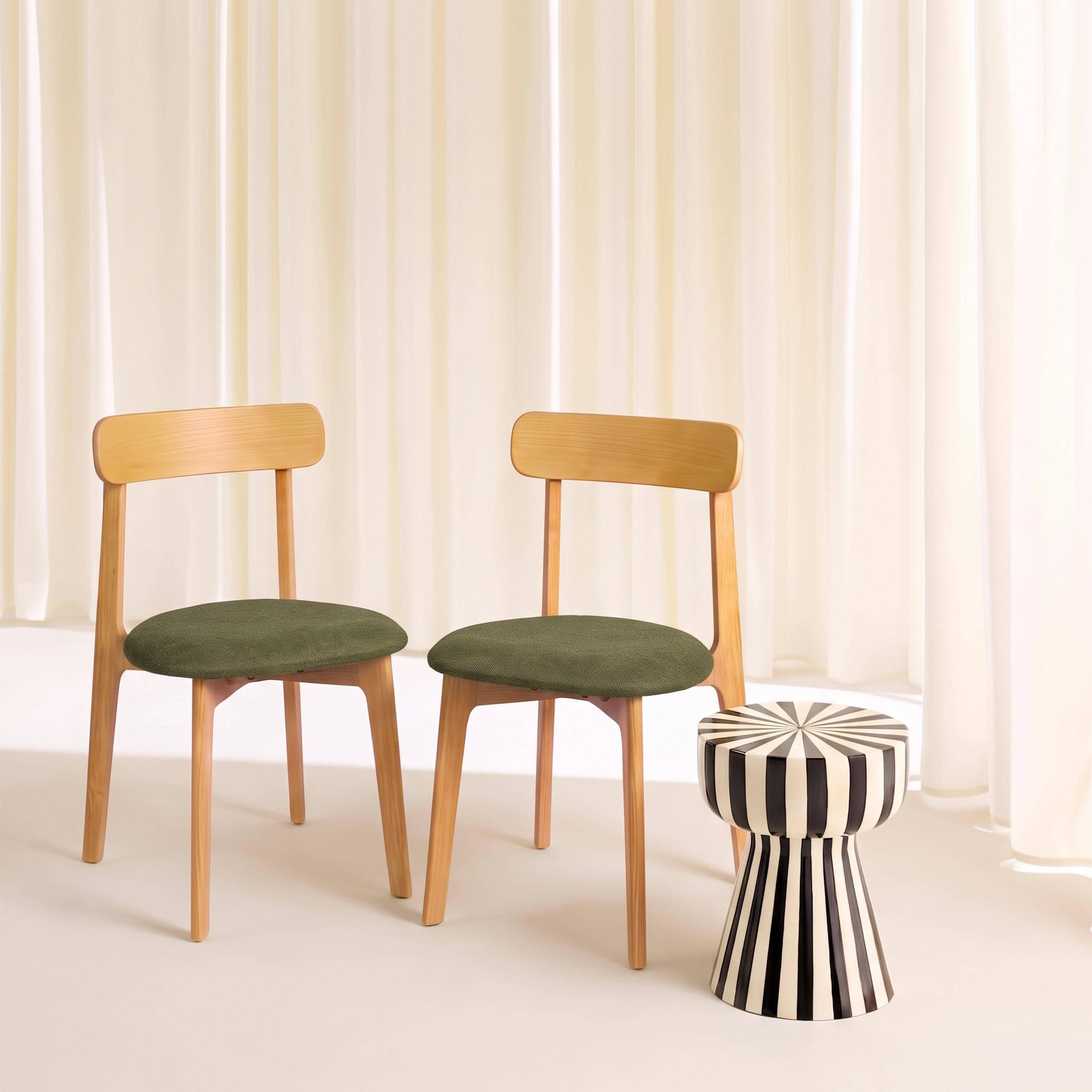 Lot de 2 chaises vintage bois d'hévéa naturel et tissu texturé kaki - Victoire Photo1