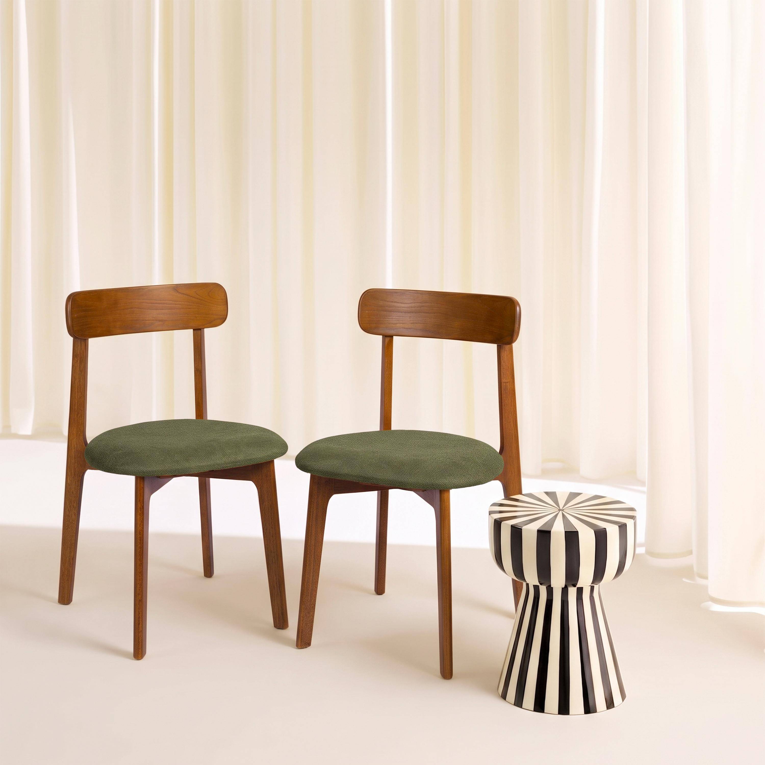 Lot de 2 chaises vintage bois d'hévéa noyer et tissu texturé kaki - Victoire Photo1