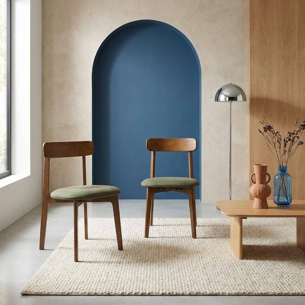 Lot de 2 chaises vintage bois d'hévéa noyer et tissu texturé kaki - Victoire Photo1