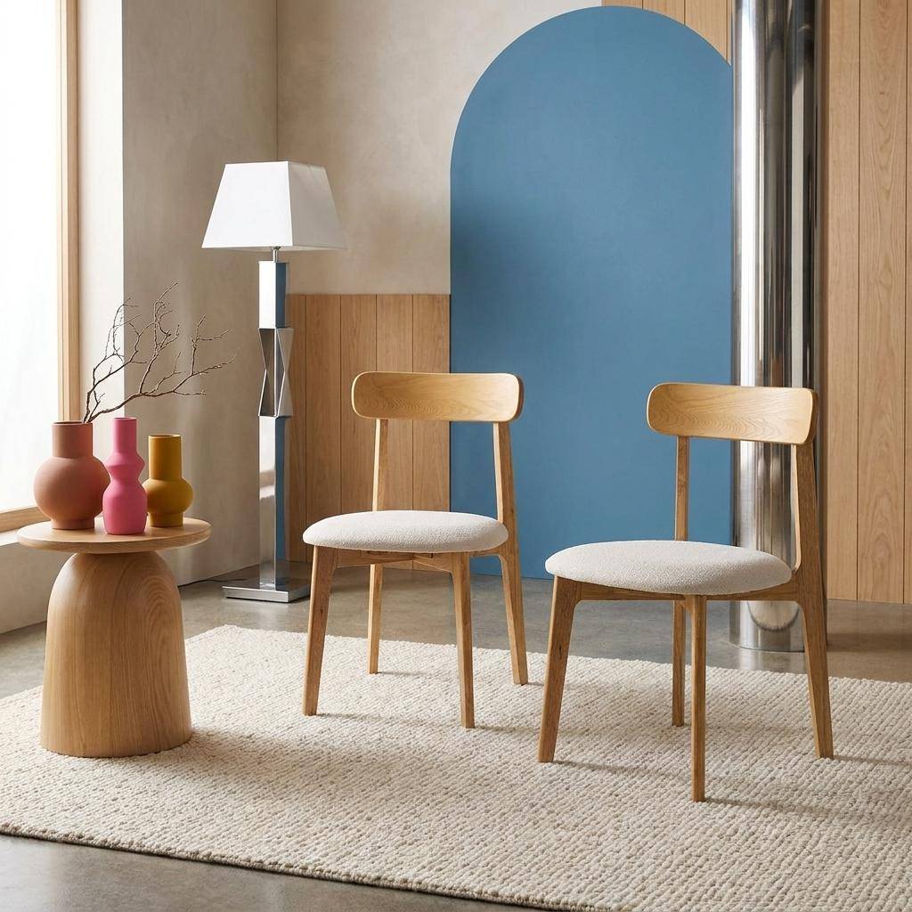 Lot de 2 chaises vintage bois d'hévéa naturel et tissu texturé blanc cassé - Victoire Photo1