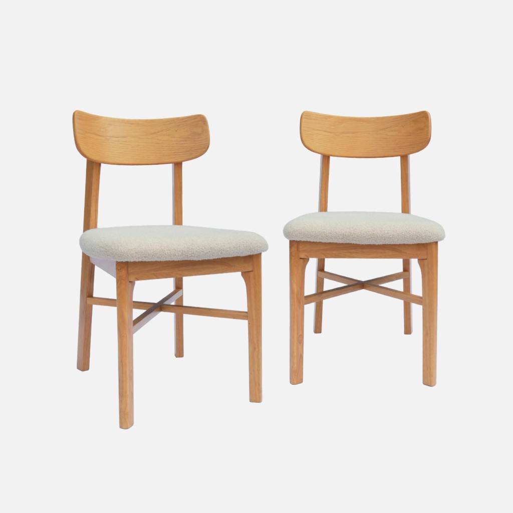 Set 2 sedie vintage in legno di hevea e bouclé, Marrone naturale