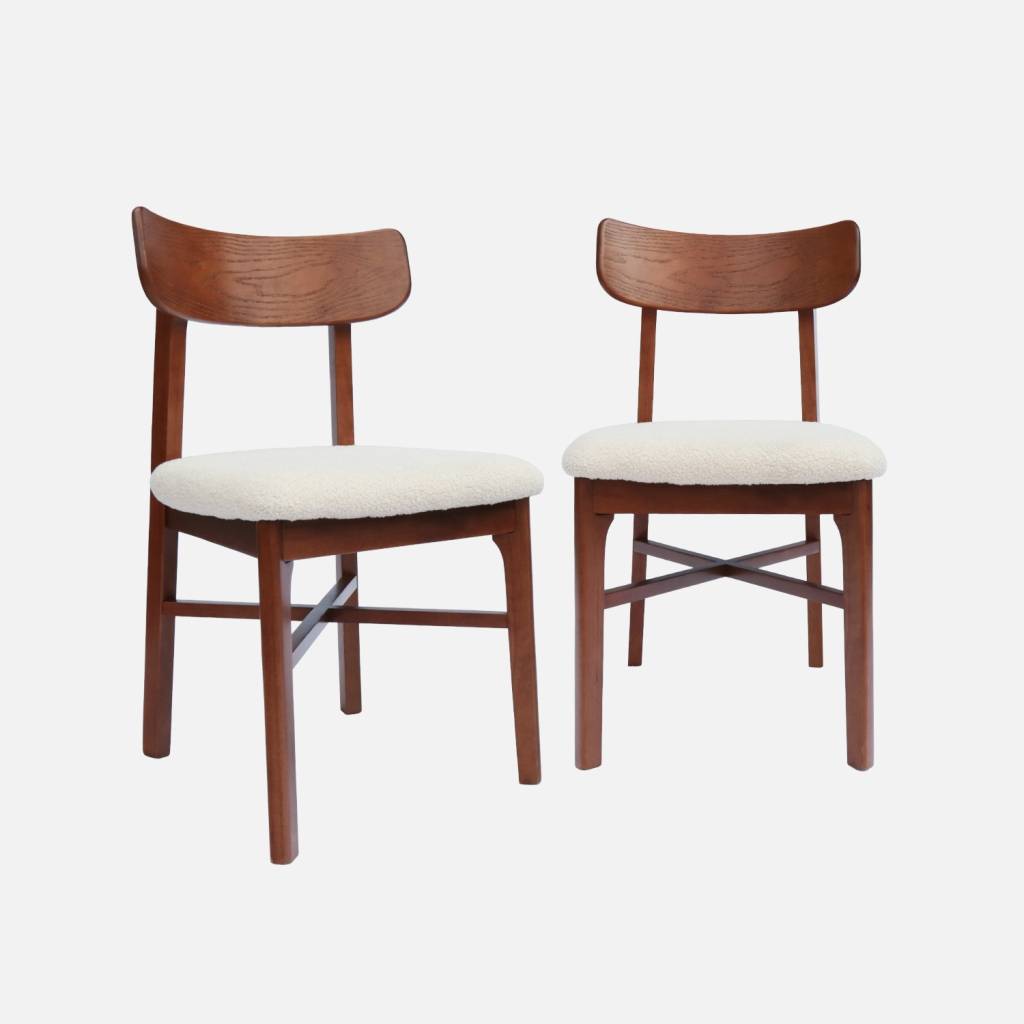 Set 2 sedie vintage in legno di hevea e bouclé, Noce