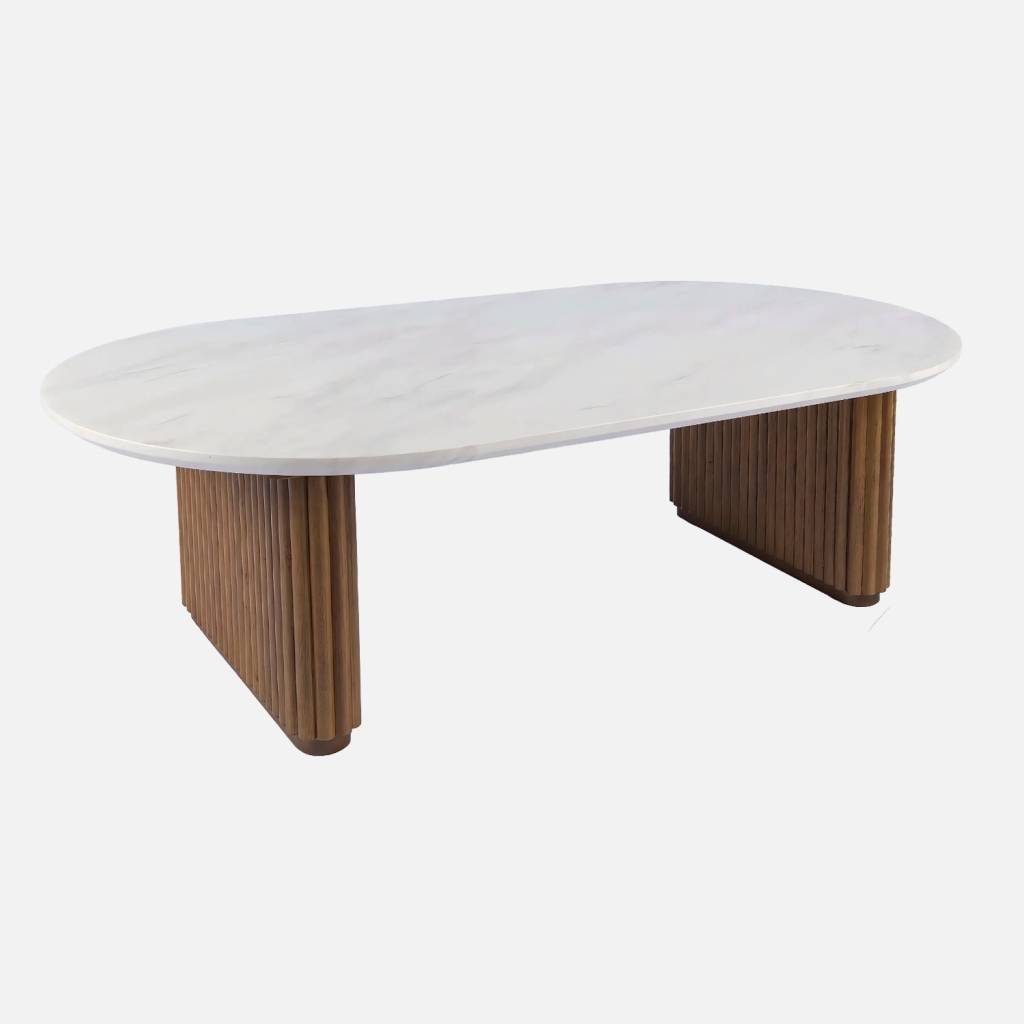 Table basse ovale bois hévéa noyer plateau effet pierre