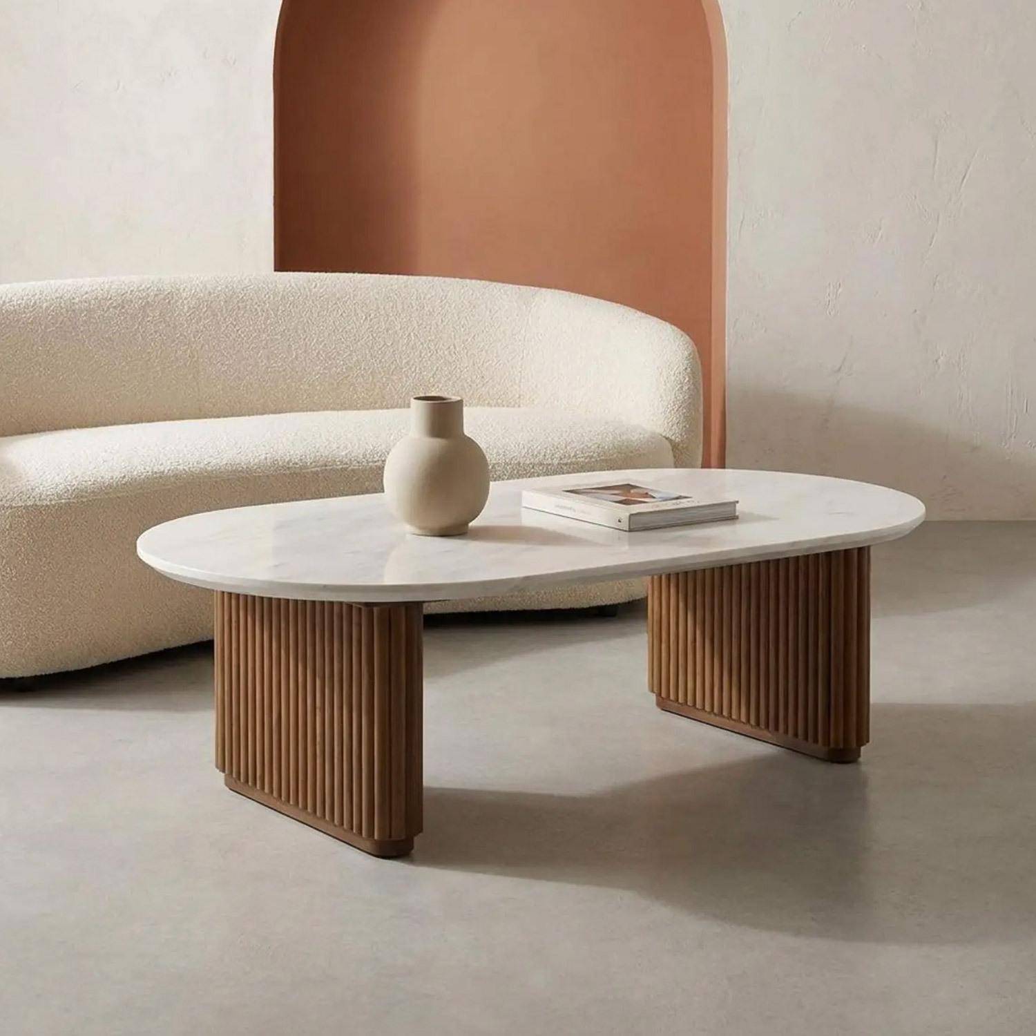 Mesa de centro ovalada de madera de hevea con efecto piedra Nogal - 122x65x35 cm Photo1