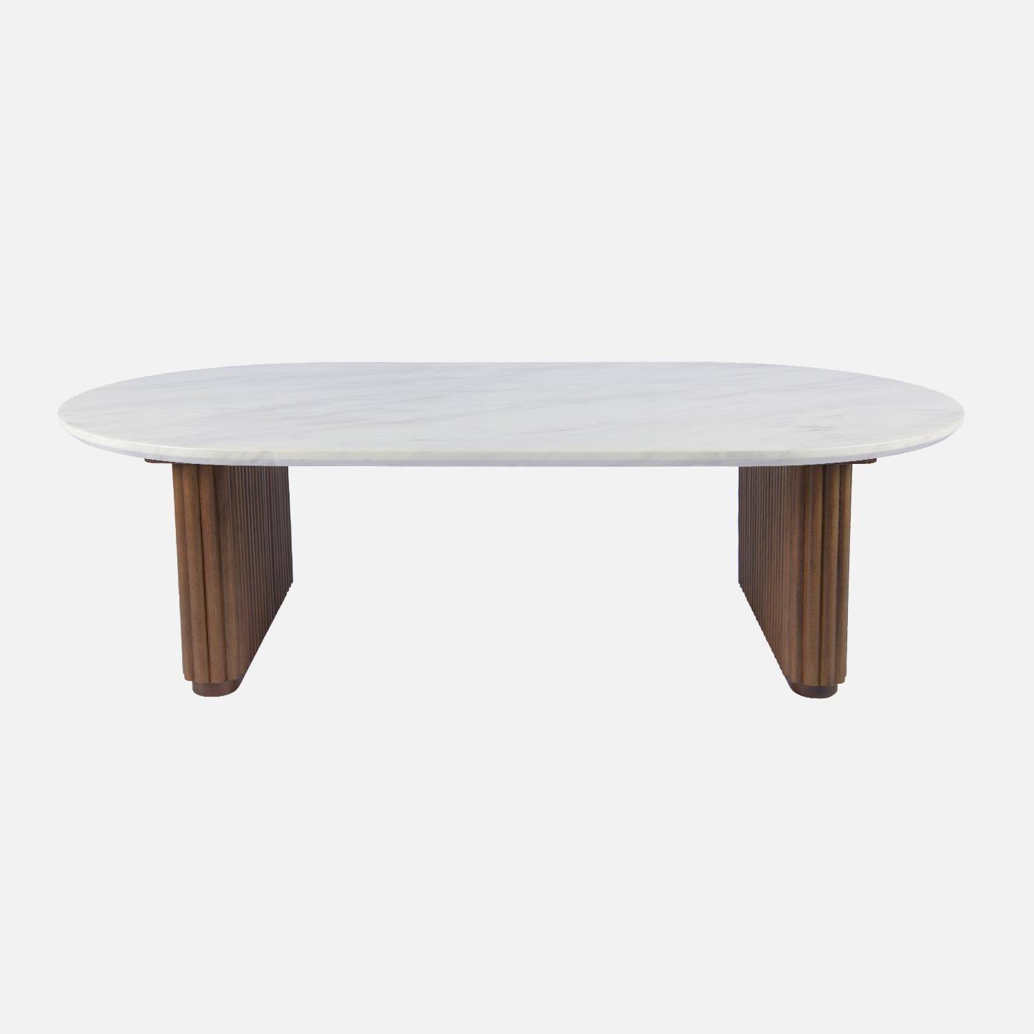 Table basse ovale bois d'hévéa noyer plateau effet pierre - Gabrielle Photo2