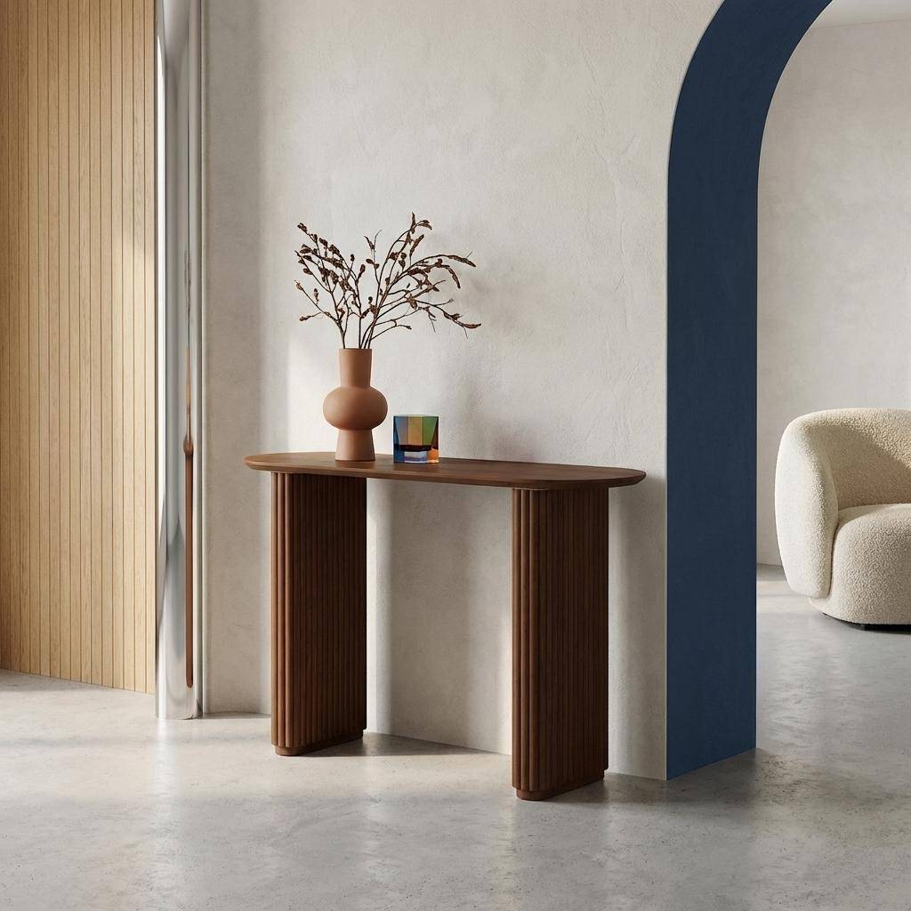 Oval console rubberwood and oak-effect veneer walnut 120x38x75 cm - Gabrielle,sweeek,Photo1