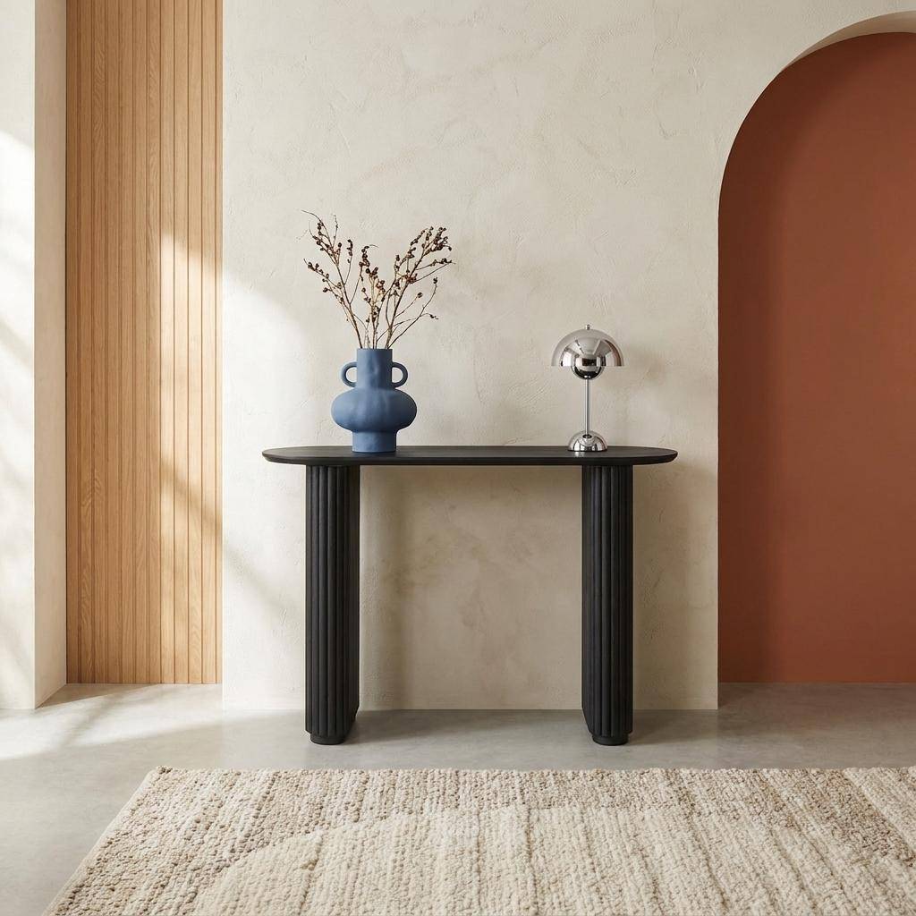 Oval console rubberwood and oak-effect veneer black 120x38x75 cm - Gabrielle Photo1