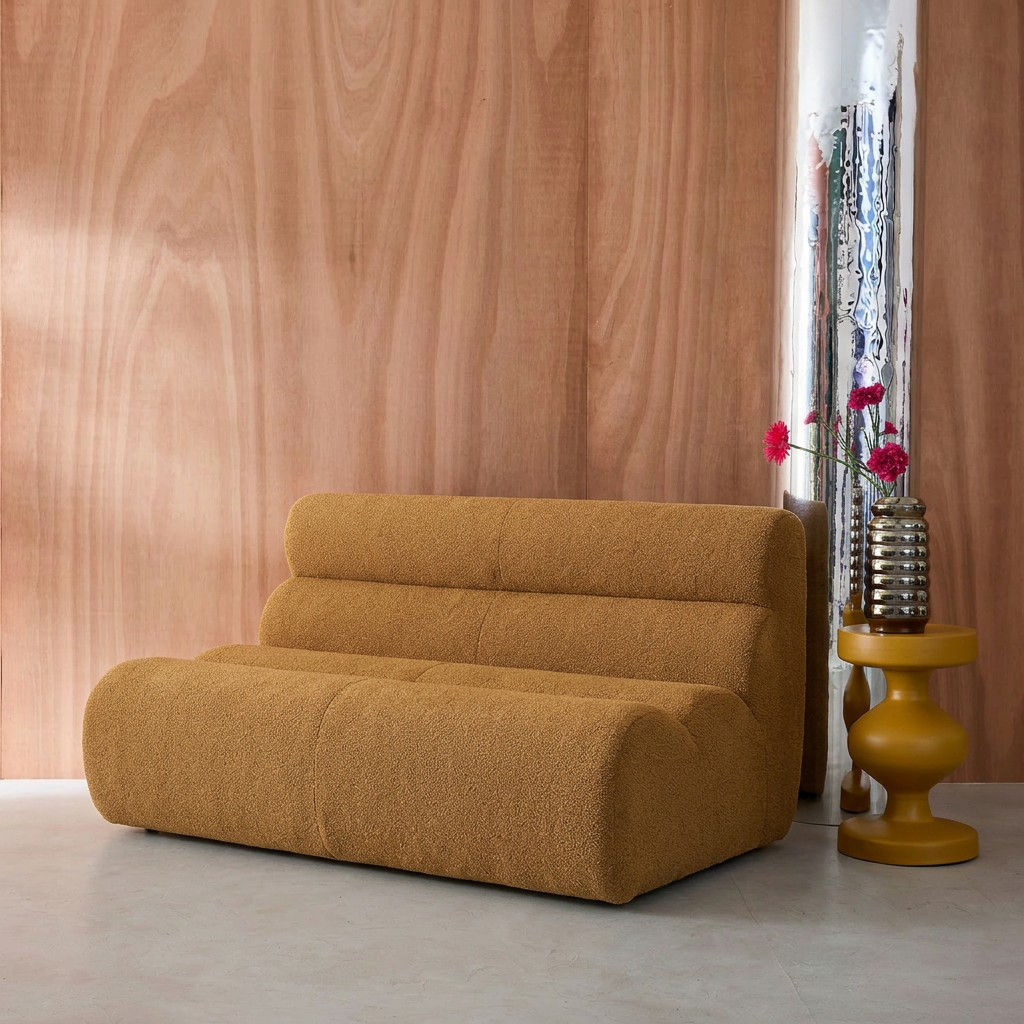 Getextureerde bouclé tweezits fauteuil mosterdgeel - Nova Photo1