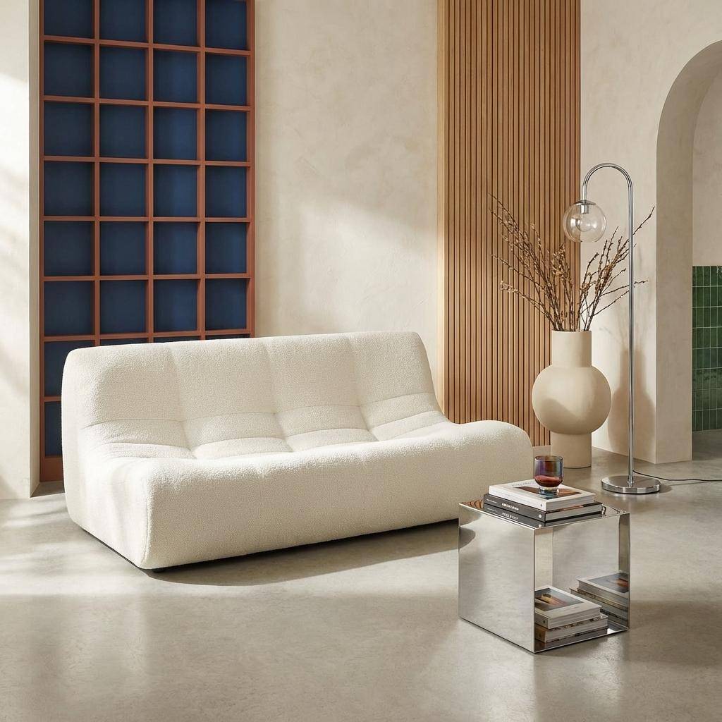 Poltrona a tre posti in tessuto bouclé strutturato Bianco - 182x105x72 cm,sweeek,Photo1