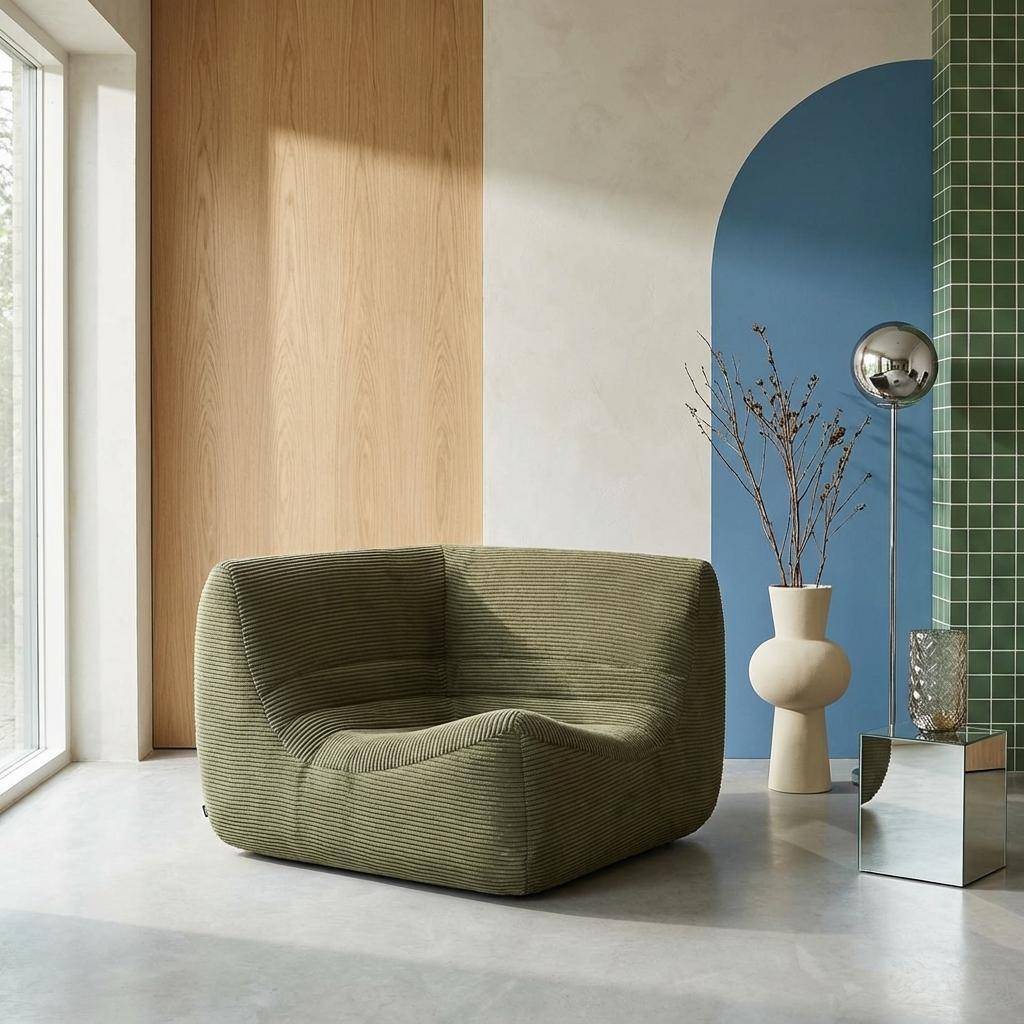 Poltrona angolare in velluto a coste, 1 posto Verde kaki - 100x100x72 cm Photo1