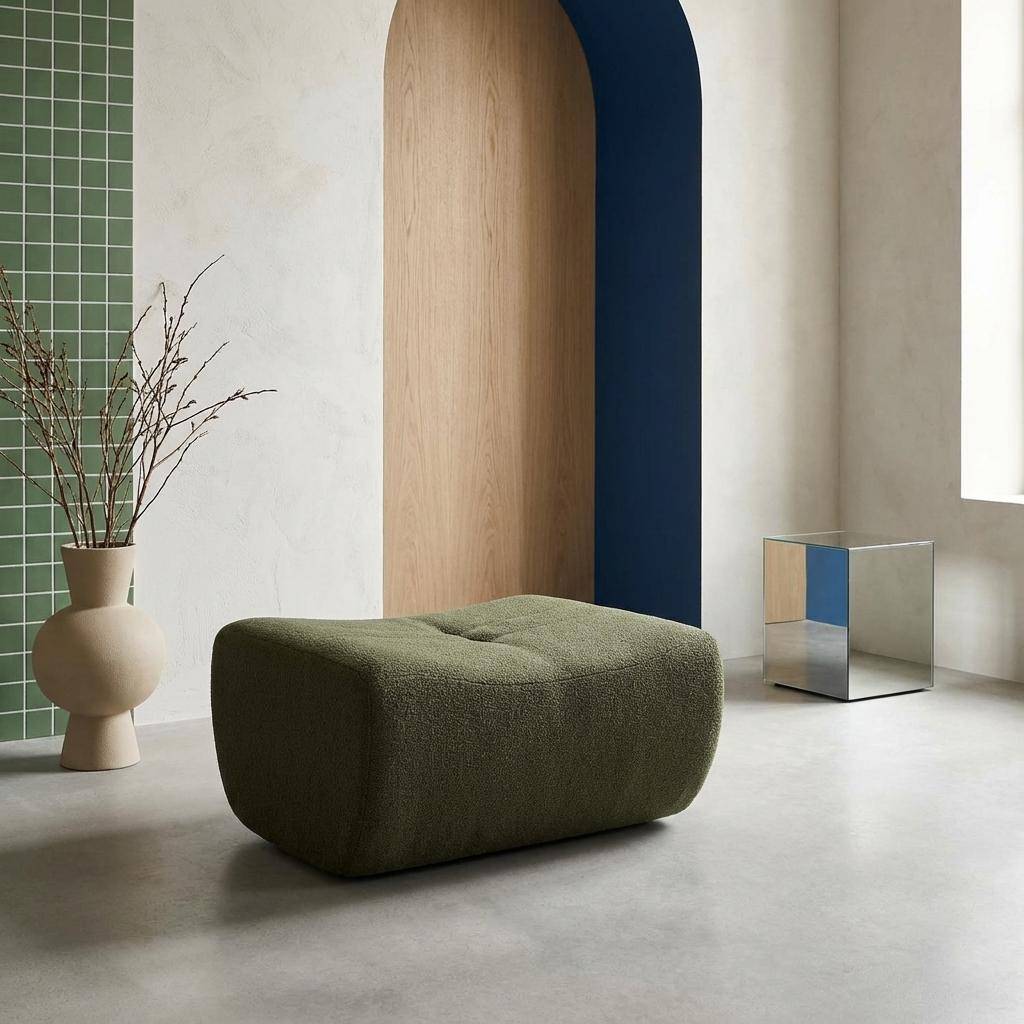 Puf, reposapiés para sillón Sokol con tejido bouclé texturizado Verde kaki - 88x70x35 cm Photo1