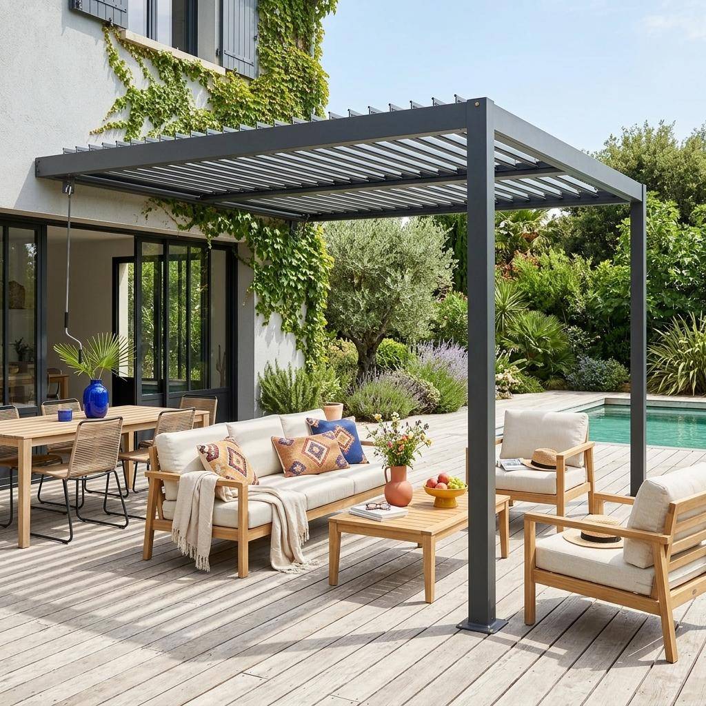 Pergola bioclimatique aluminium adossée lames orientables 3x3m Palace anthracite Photo1