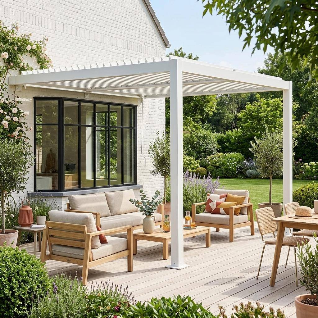 Pergola bioclimatique aluminium adossée lames orientables 3x3m Palace blanc  Photo1
