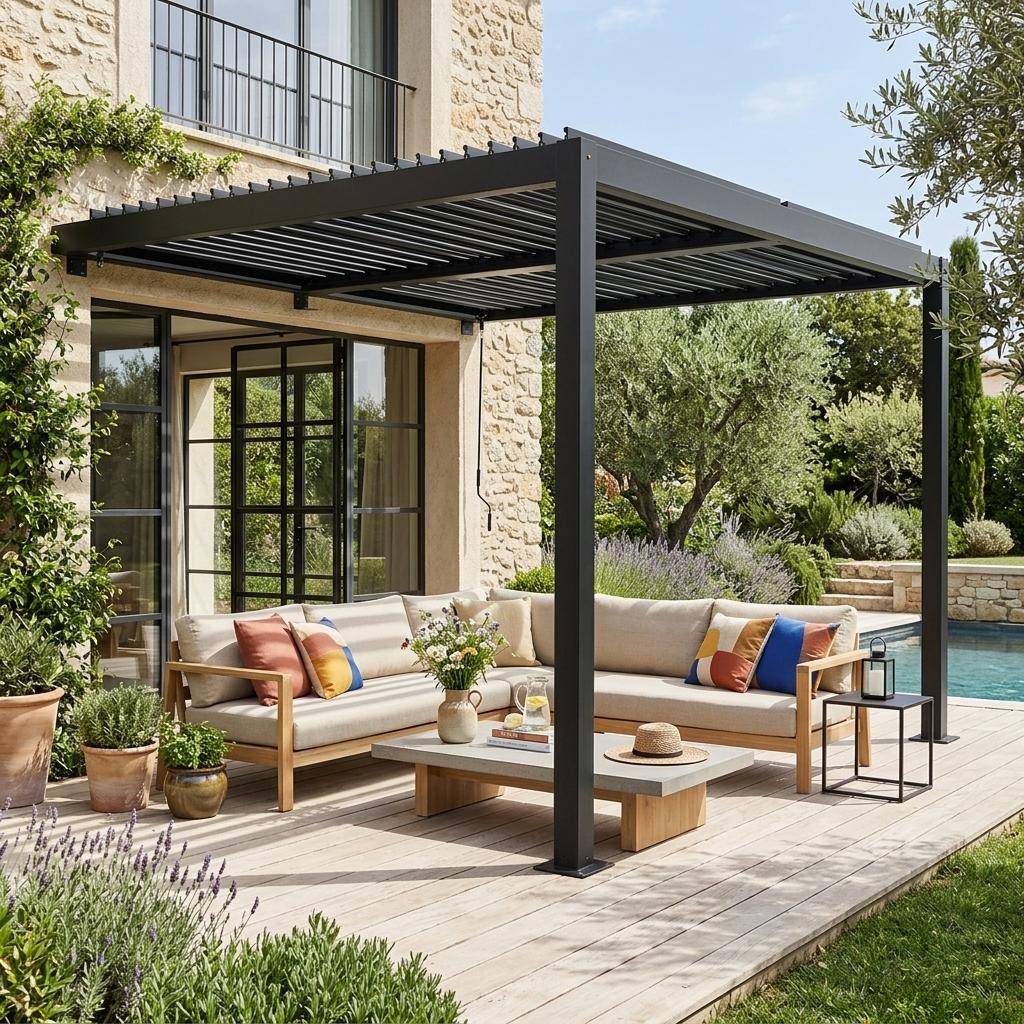 Pergola bioclimatique aluminium adossée lames orientables 3x3m Palace noir Photo1
