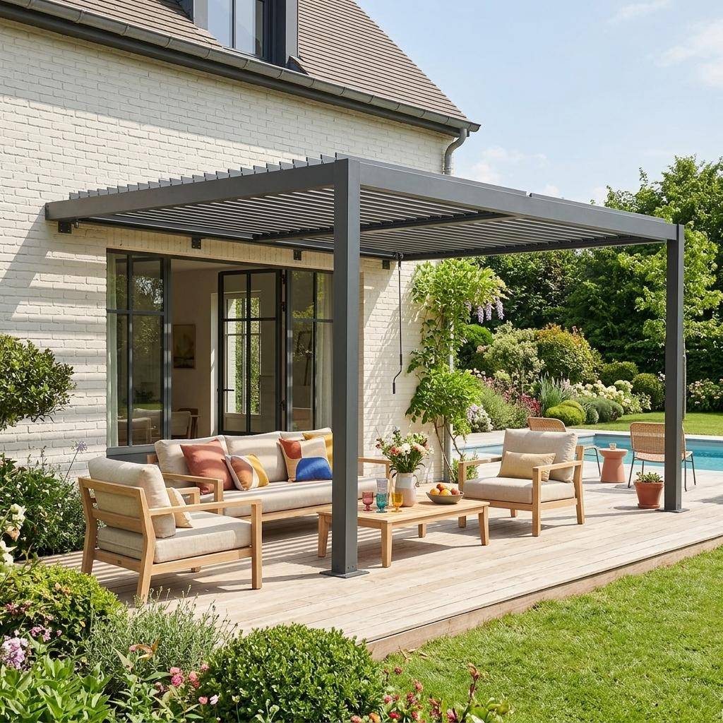 Pergola bioclimatique aluminium adossée lames orientables 4x3m anthracite Palace Photo1
