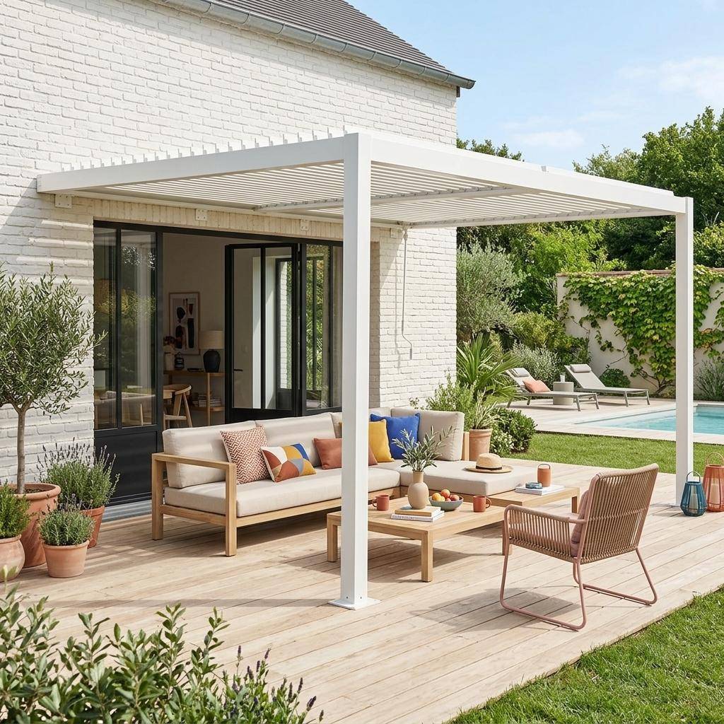 Pergola bioclimatique aluminium adossée lames orientables 4x3m blanc Palace Photo1