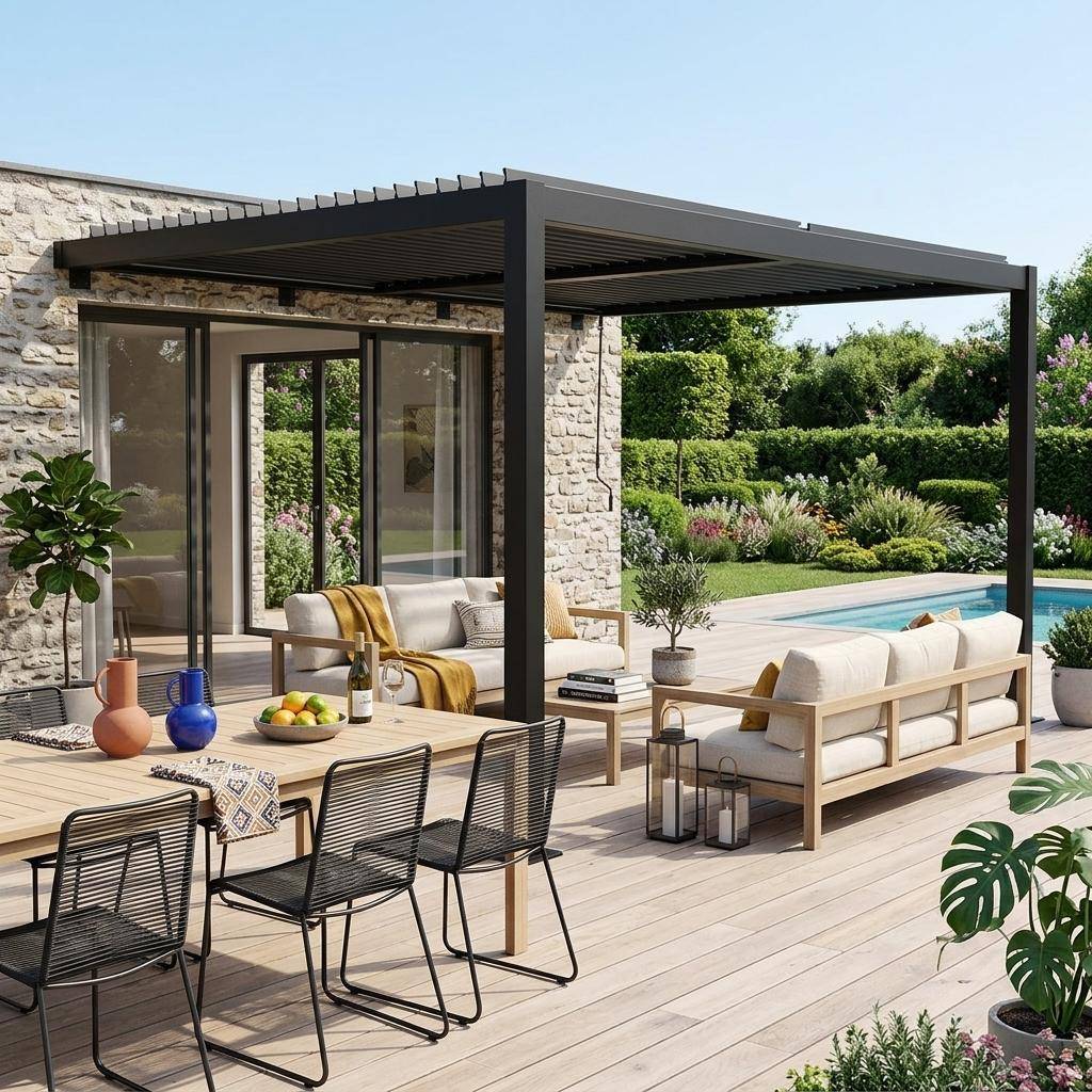 Pergola bioclimatique aluminium adossée lames orientables 4x3m noir Palace,sweeek,Photo1