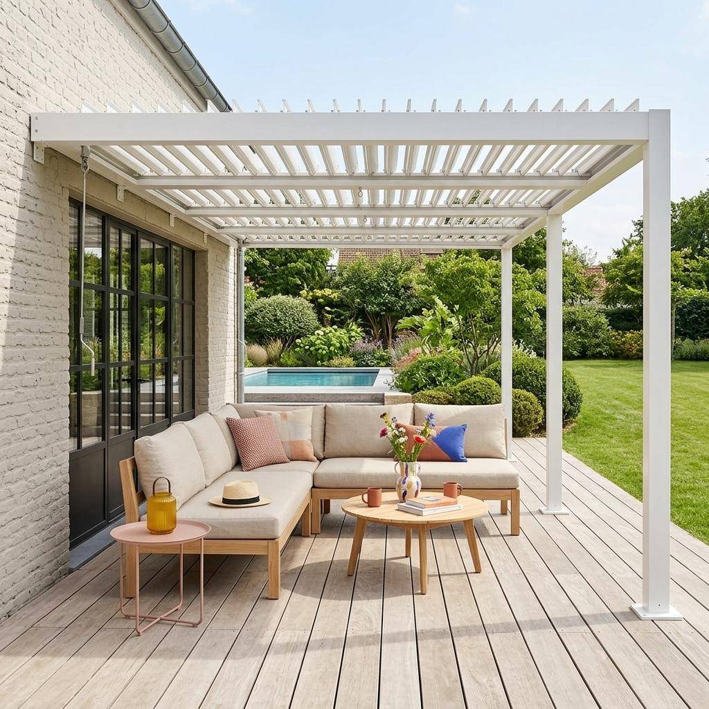 Pergola bioclimatique aluminium adossée lames orientables 5x3m blanc Palace Photo1