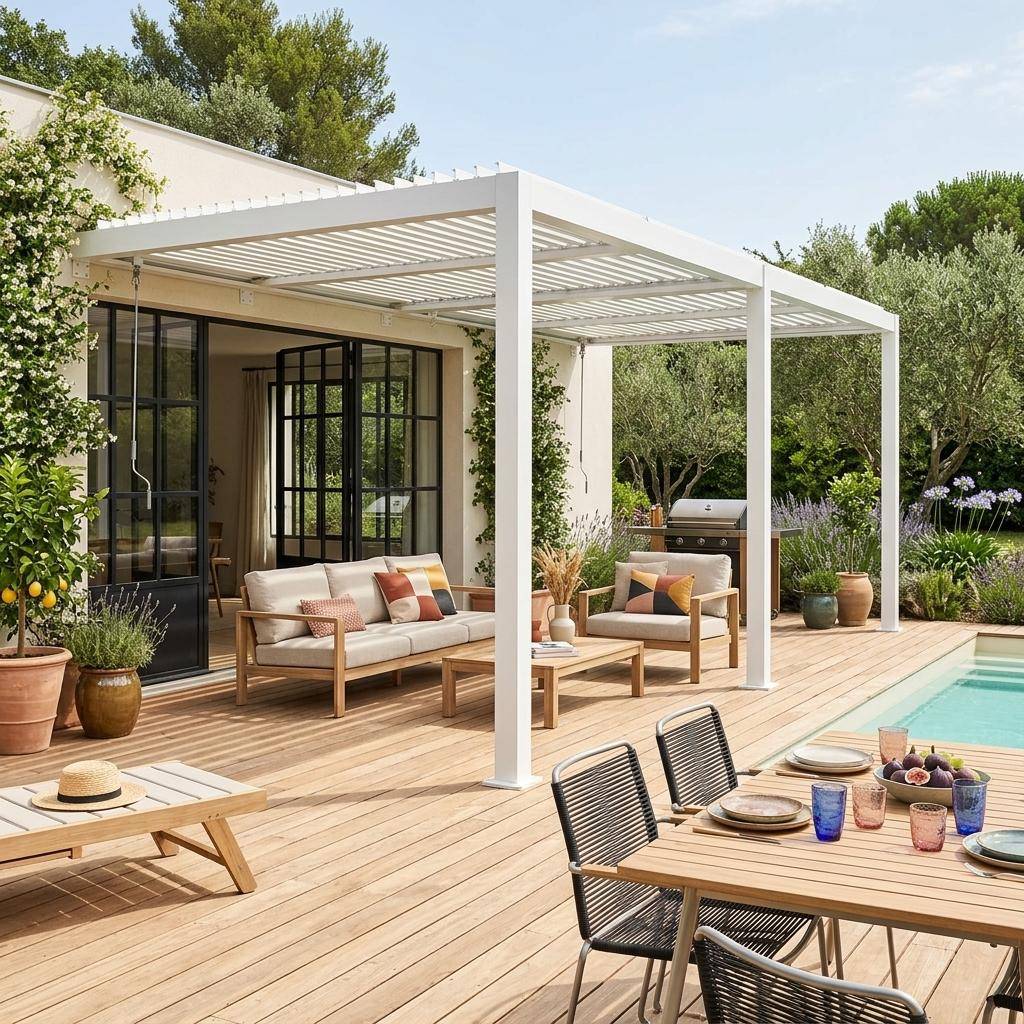 Pergola bioclimatique aluminium adossée lames orientables 5x3m blanc Palace Photo1