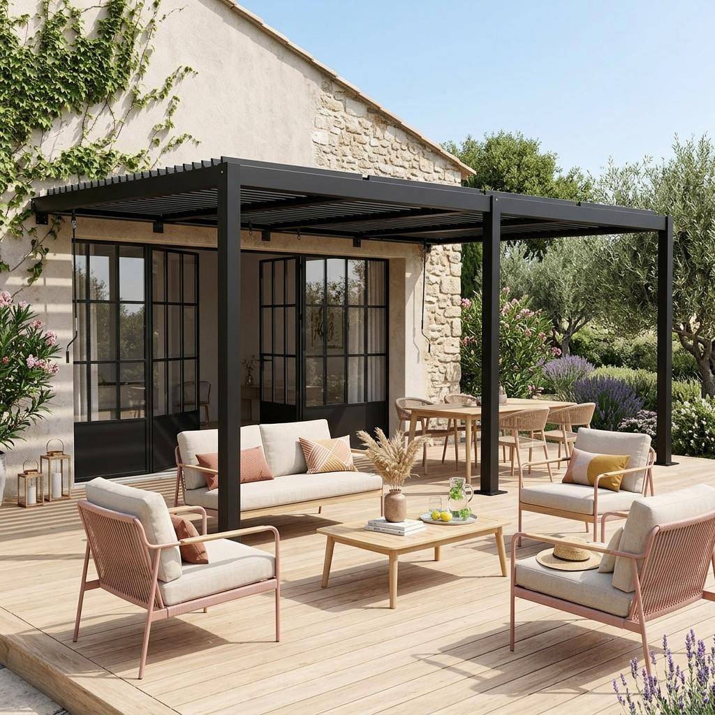 Pergola bioclimatique aluminium adossée lames orientables 5x3m noir Palace Photo1