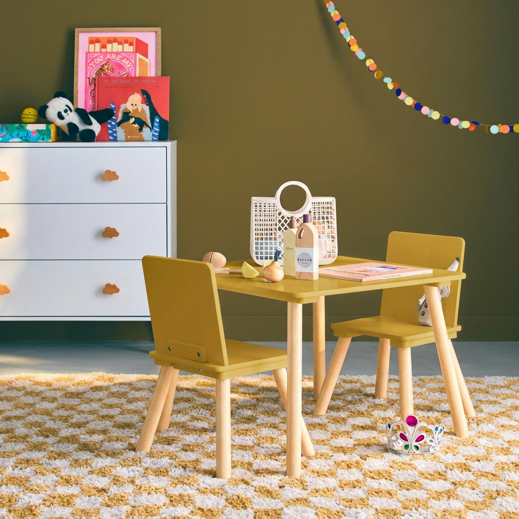 Table carrée enfant bois de pin 2 assises jaune - Judith,sweeek,Photo1