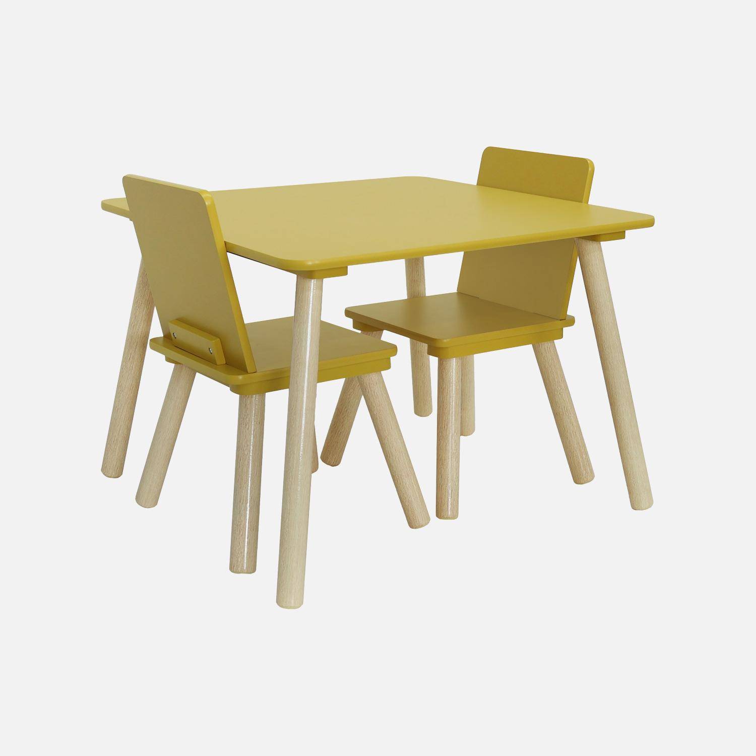 Table carrée enfant bois de pin 2 assises jaune - Judith Photo3