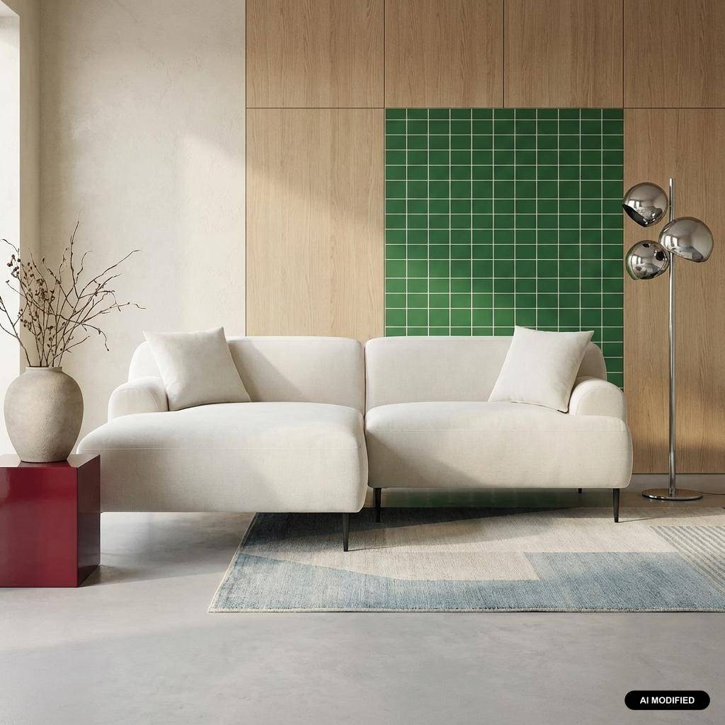 Sofá de canto em tecido com pés de metal, 3 lugares Creme - 218x147x73 cm Photo1