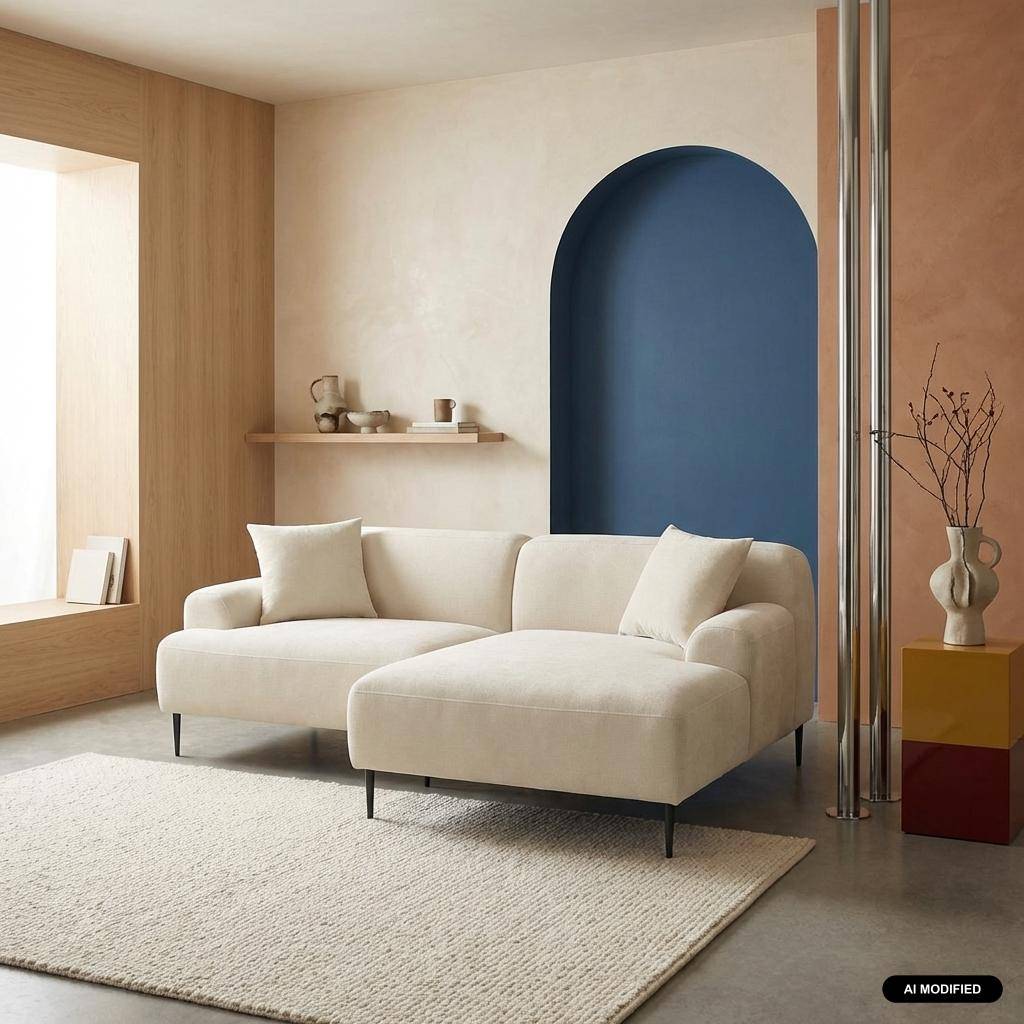 Divano angolare in tessuto con gambe in metallo, 3 posti Crema - 218x147x73 cm Photo1