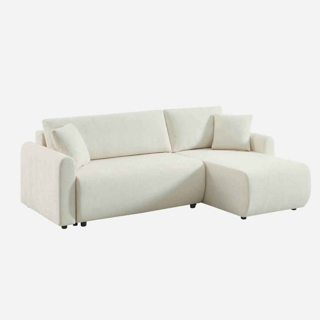 Divano angolare reversibile in tessuto con contenitore, 3 posti, Crema