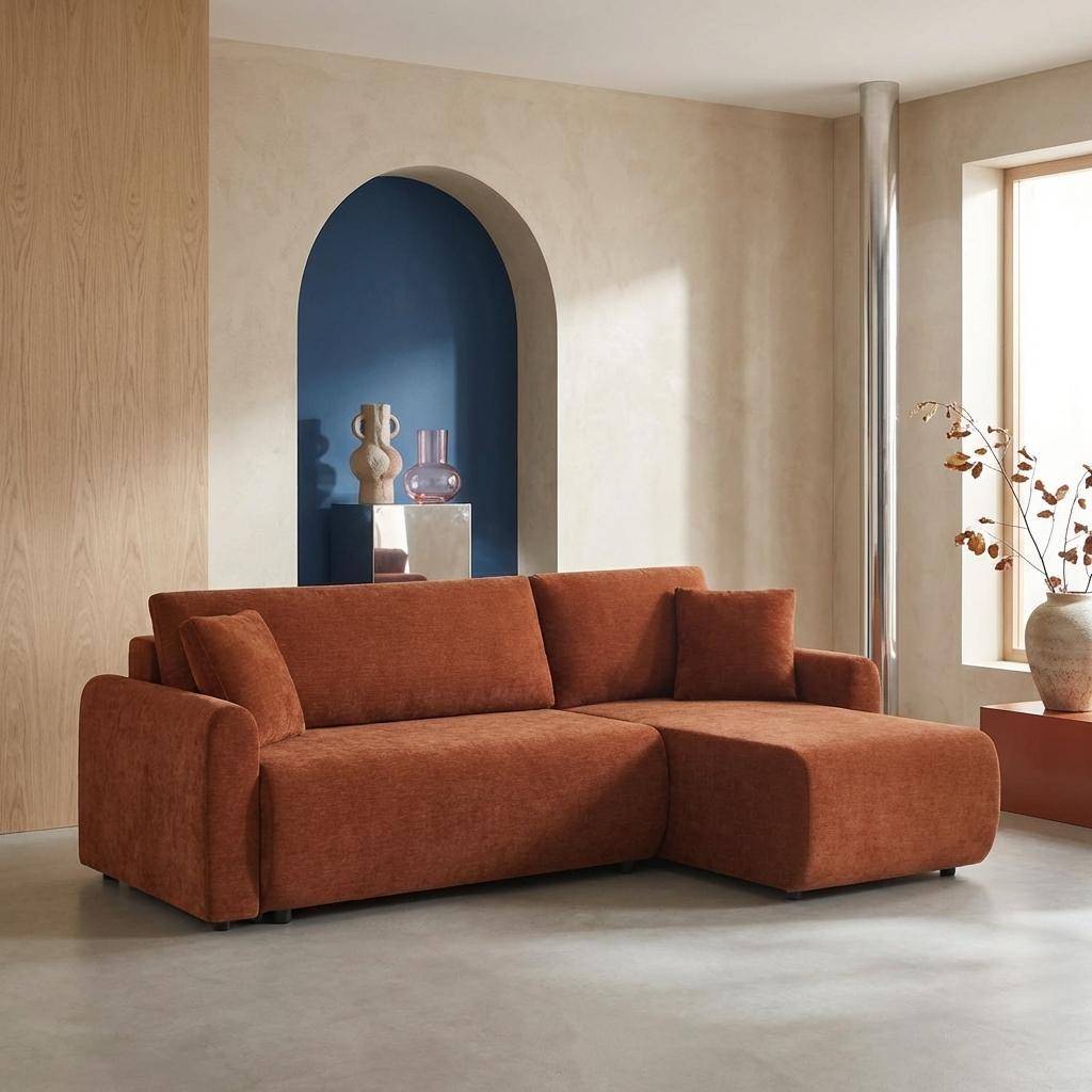 Canapé d'angle réversible, convertible, 3 places tissu avec coffre terracotta - Berlin Photo1