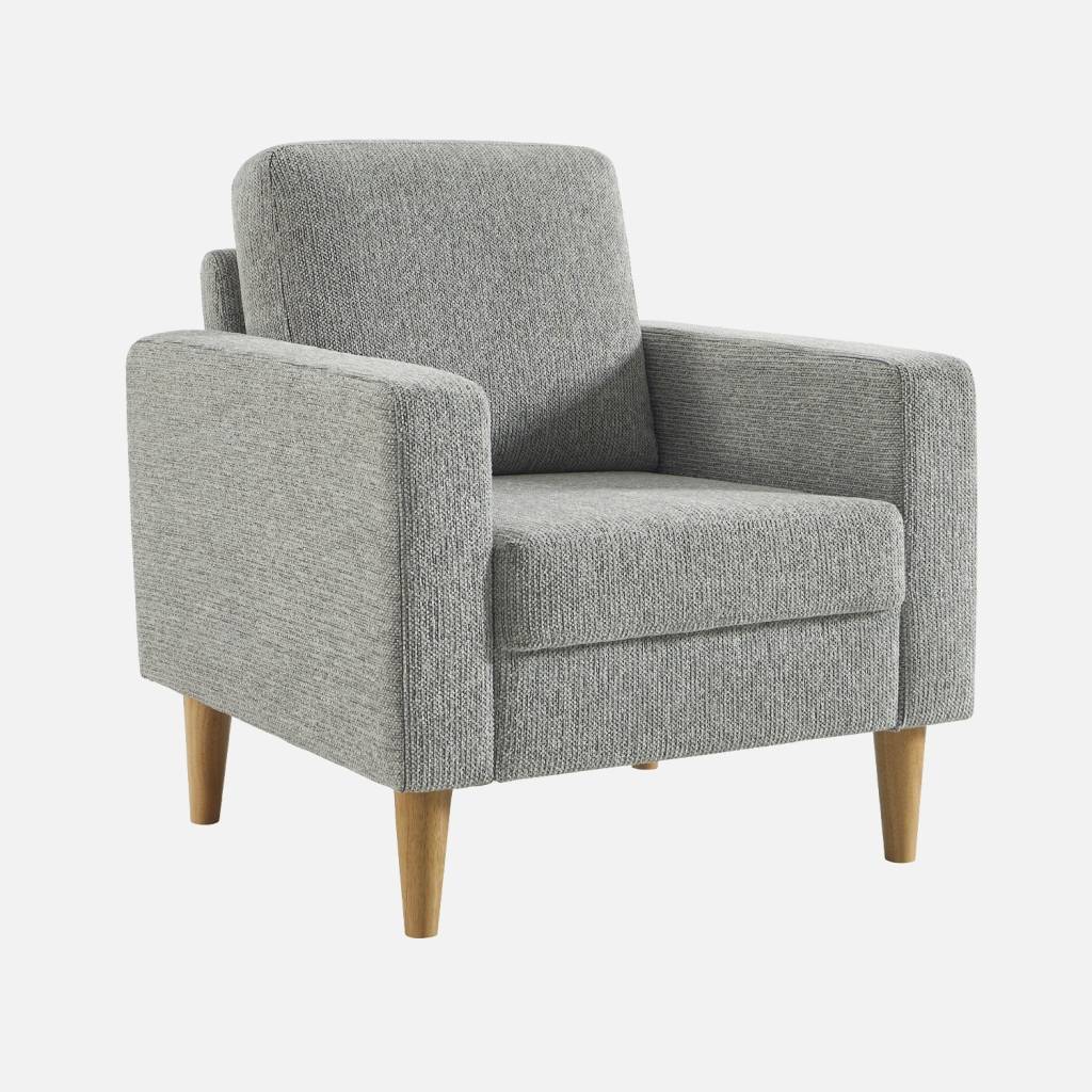 Fauteuil bois d'hévéa et tissu chenille gris clair