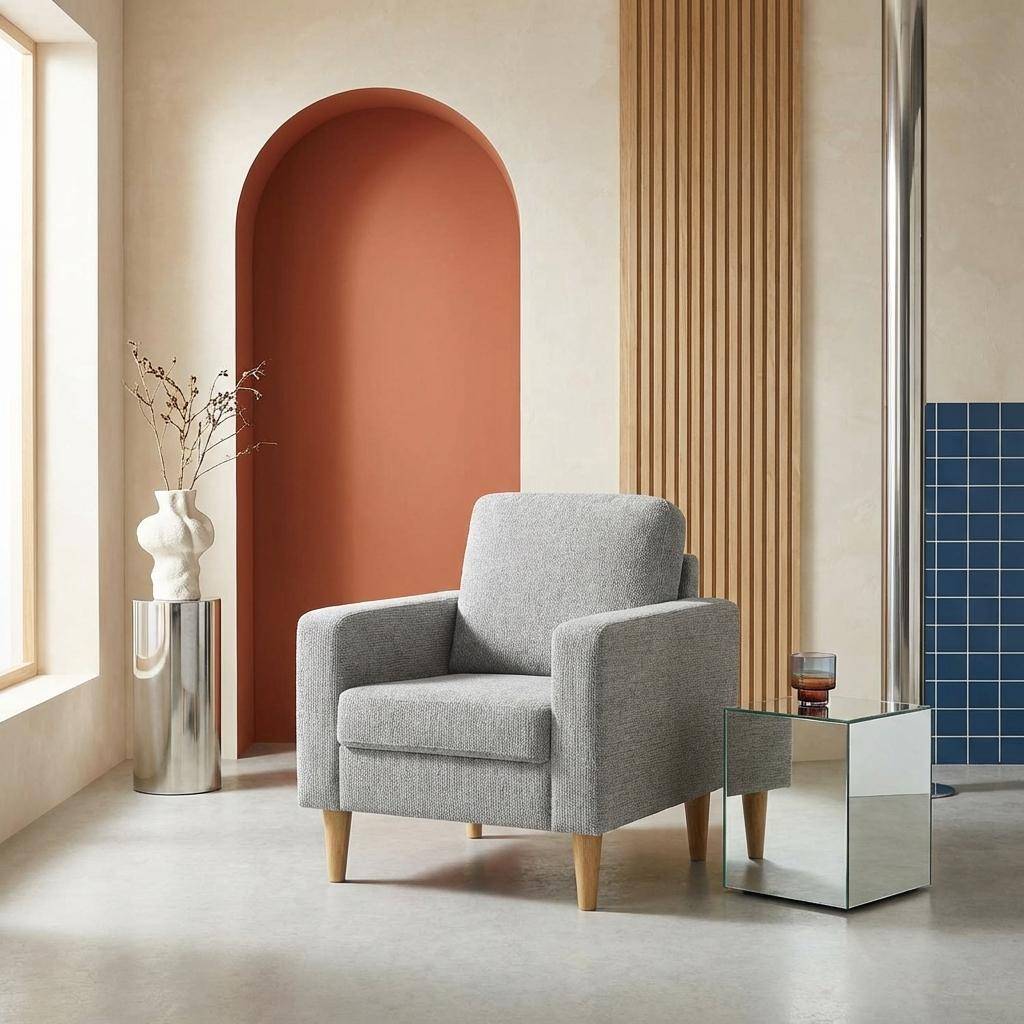 Fauteuil bois d'hévéa et tissu chenille gris clair - Bjorn,sweeek,Photo1