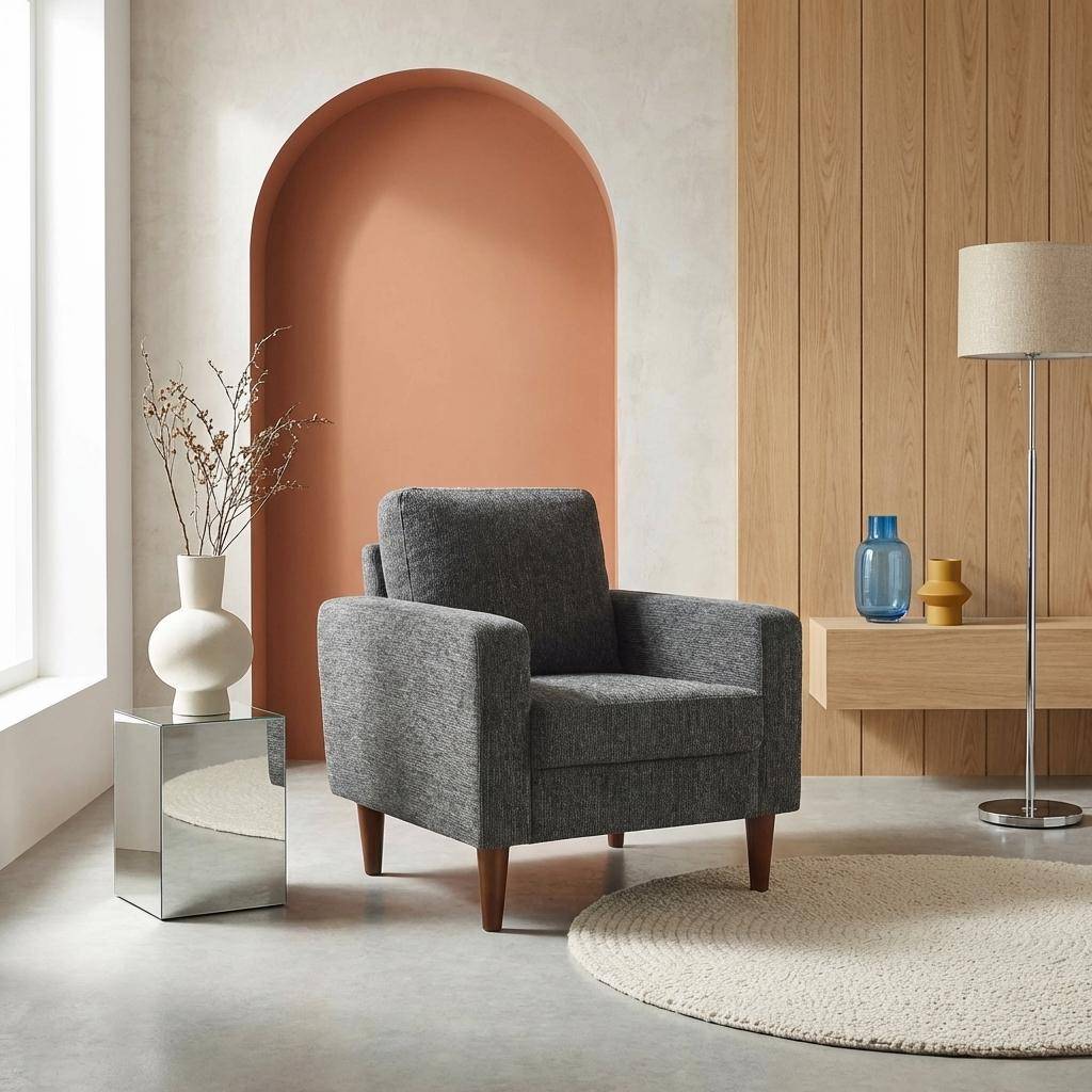 Fauteuil bois d'hévéa et tissu chenille gris foncé - Bjorn,sweeek,Photo1
