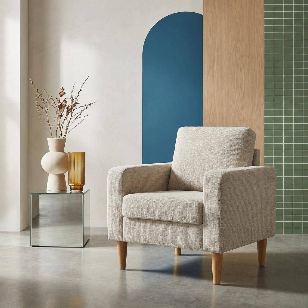 Fauteuil bois d'hévéa et tissu chenille beige - Bjorn,sweeek,Photo1