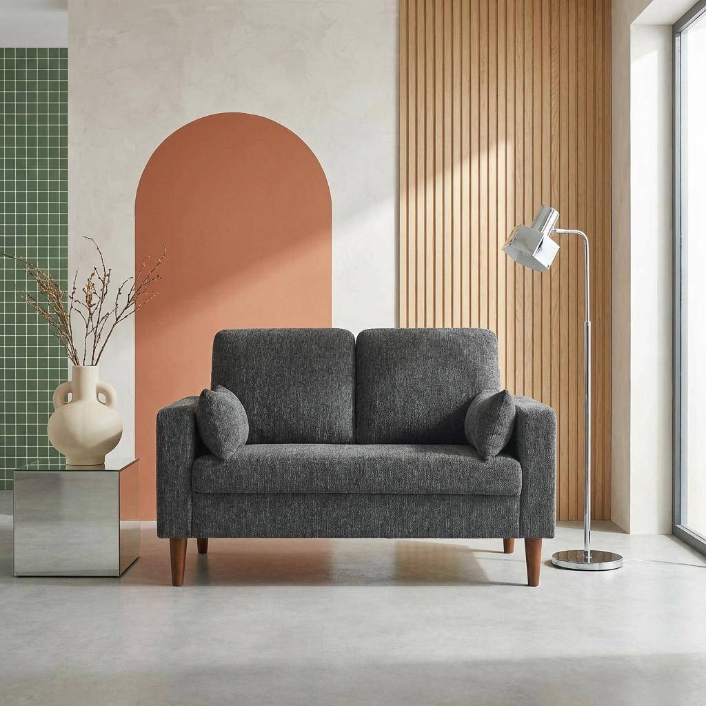 Canapé bois d'hévéa et tissu chenille 2 places gris foncé - Bjorn Photo1