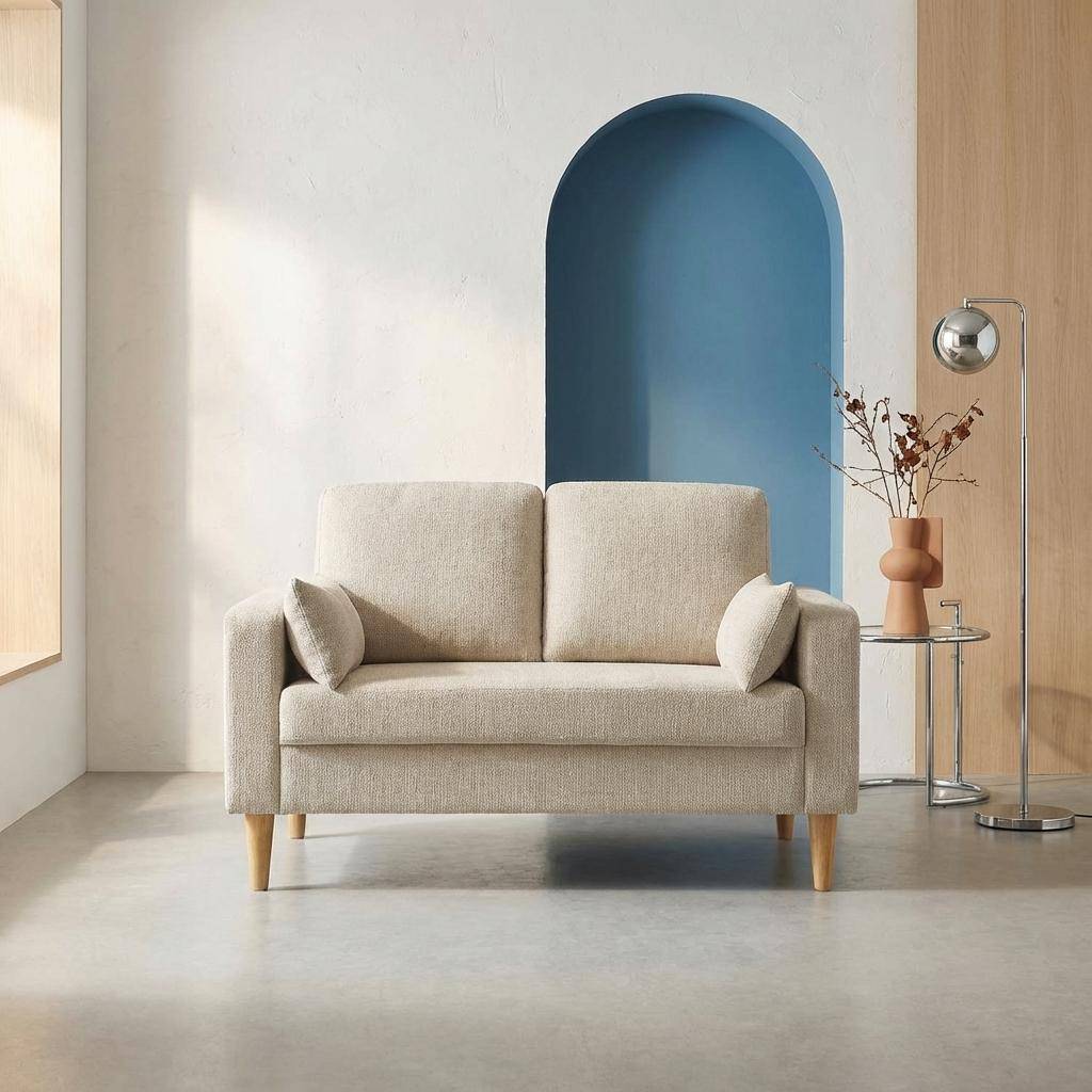 Canapé bois d'hévéa et tissu chenille 2 places beige - Bjorn,sweeek,Photo1