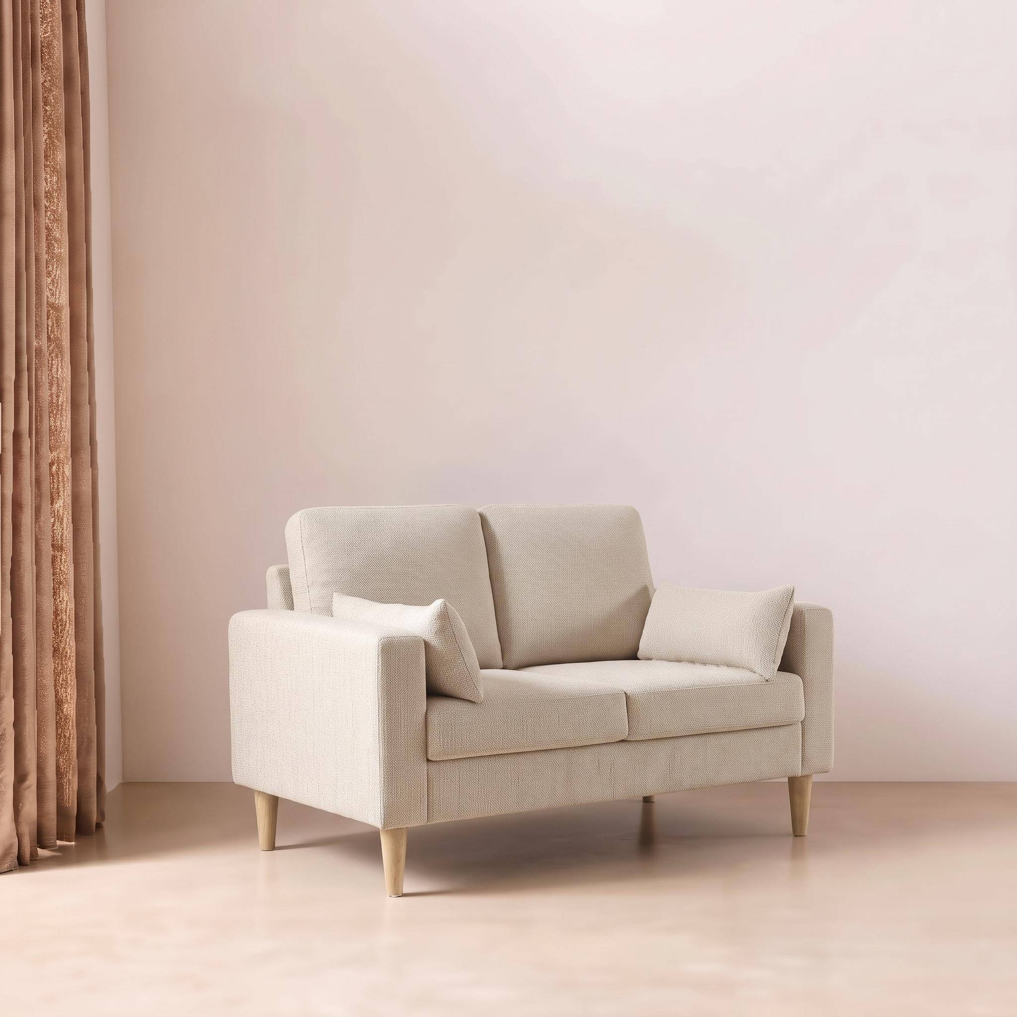 2-zits zetel rubberhout en chenille bekleding beige - Bjorn Photo2