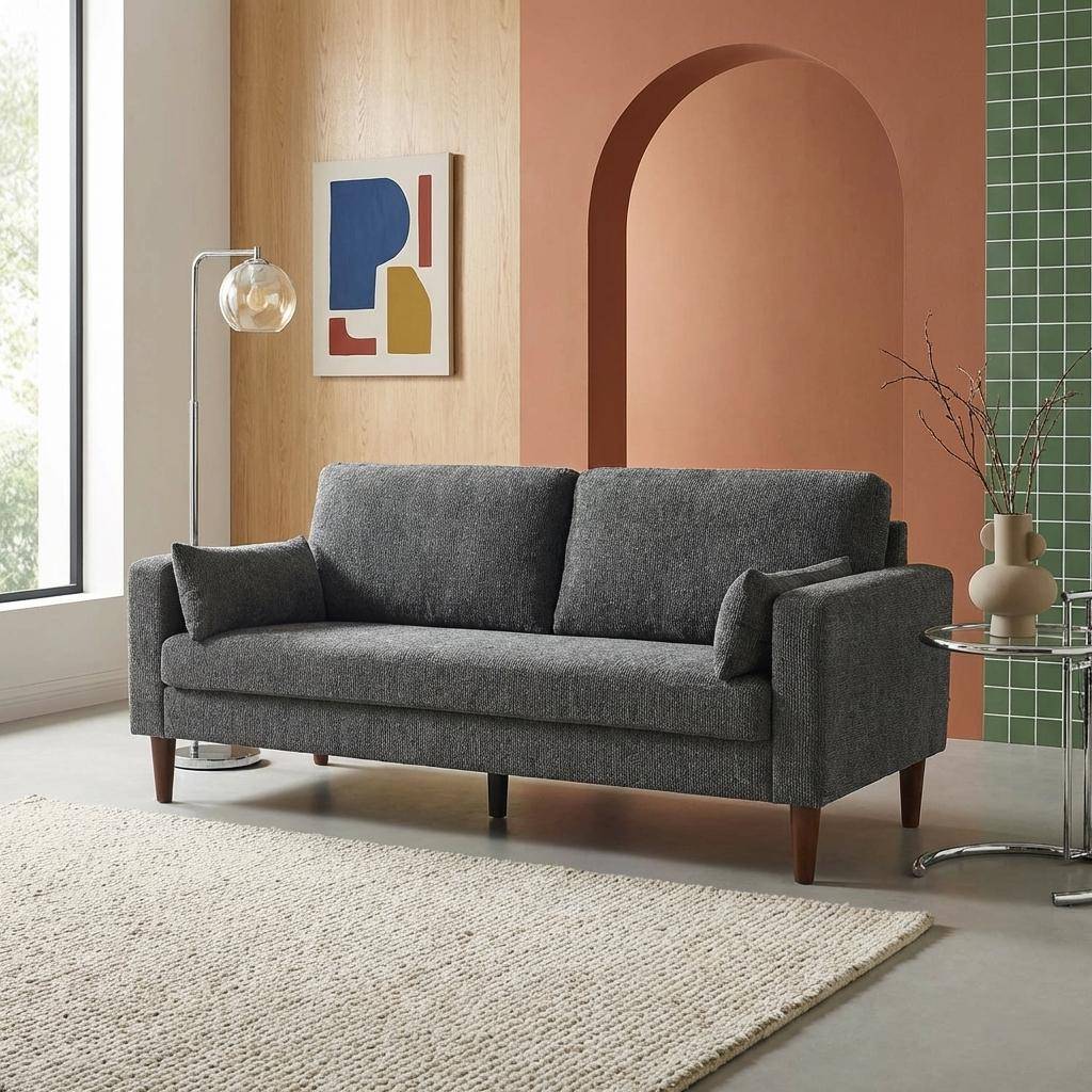 Canapé bois d'hévéa et tissu chenille 3 places gris foncé - Bjorn Photo1