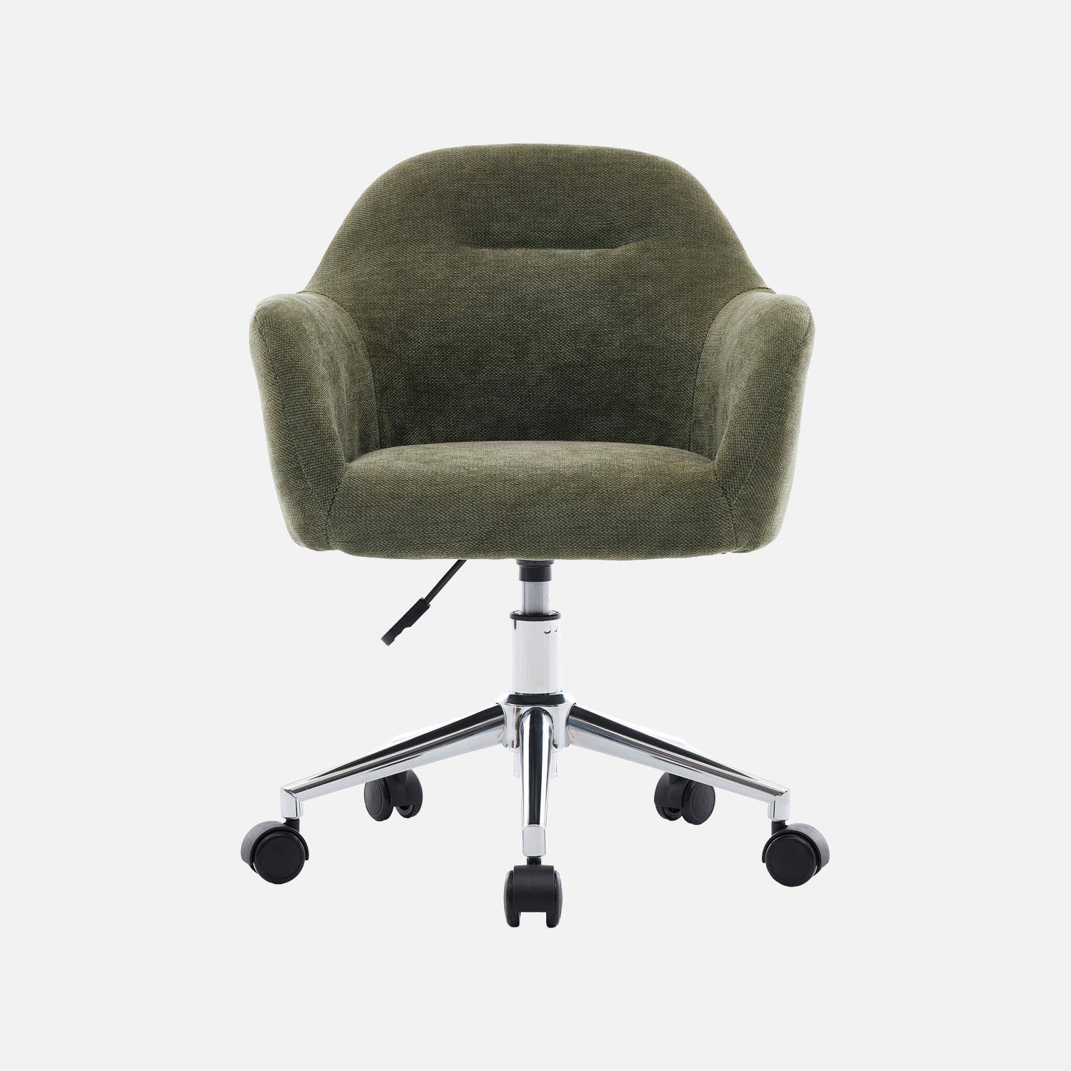 Silla de oficina infantil con ruedas ajustable de tela chenilla Verde kaki - 52x48x74 cm Photo2
