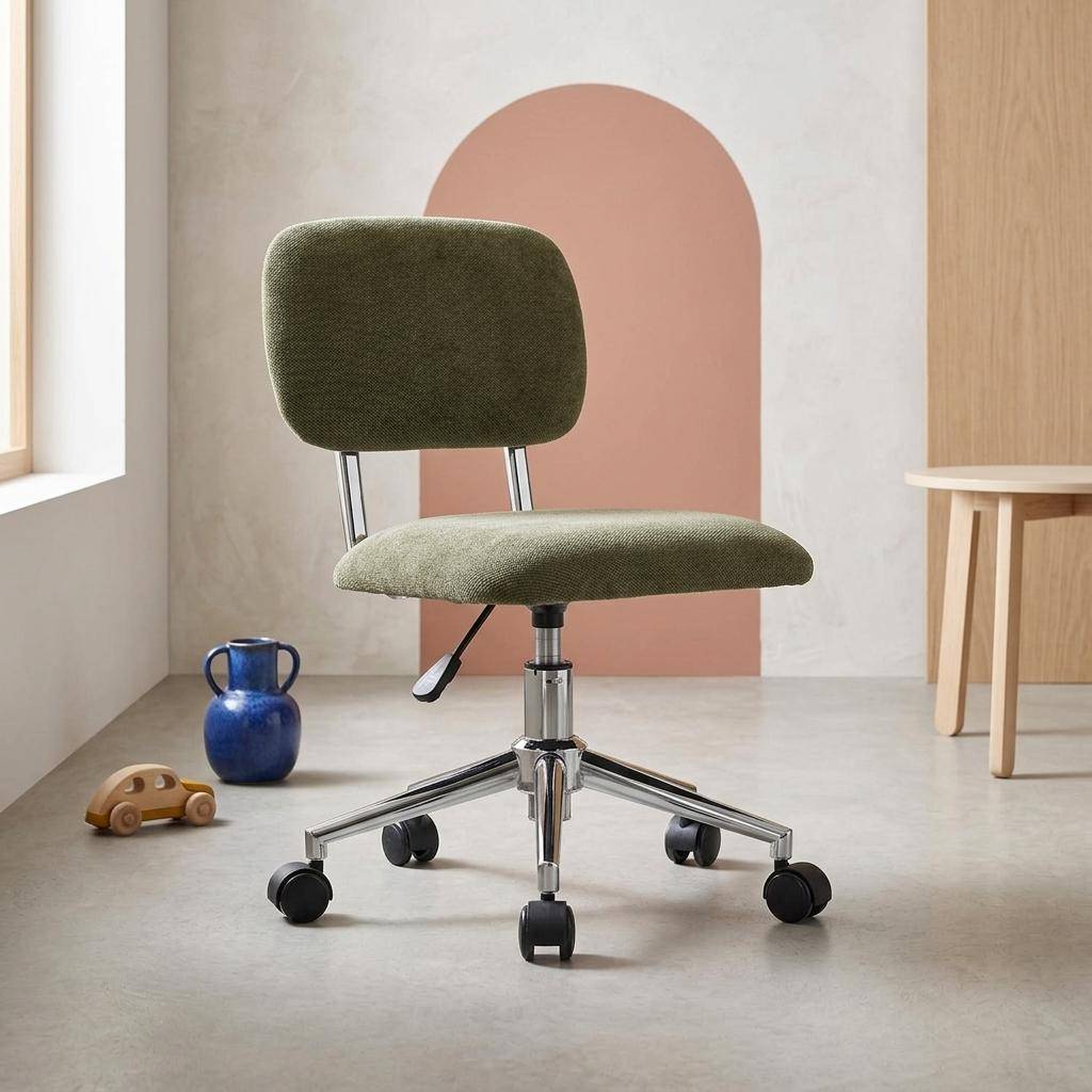 Silla de oficina infantil con ruedas ajustable de tela chenilla Verde kaki - 52x50x73 cm Photo1