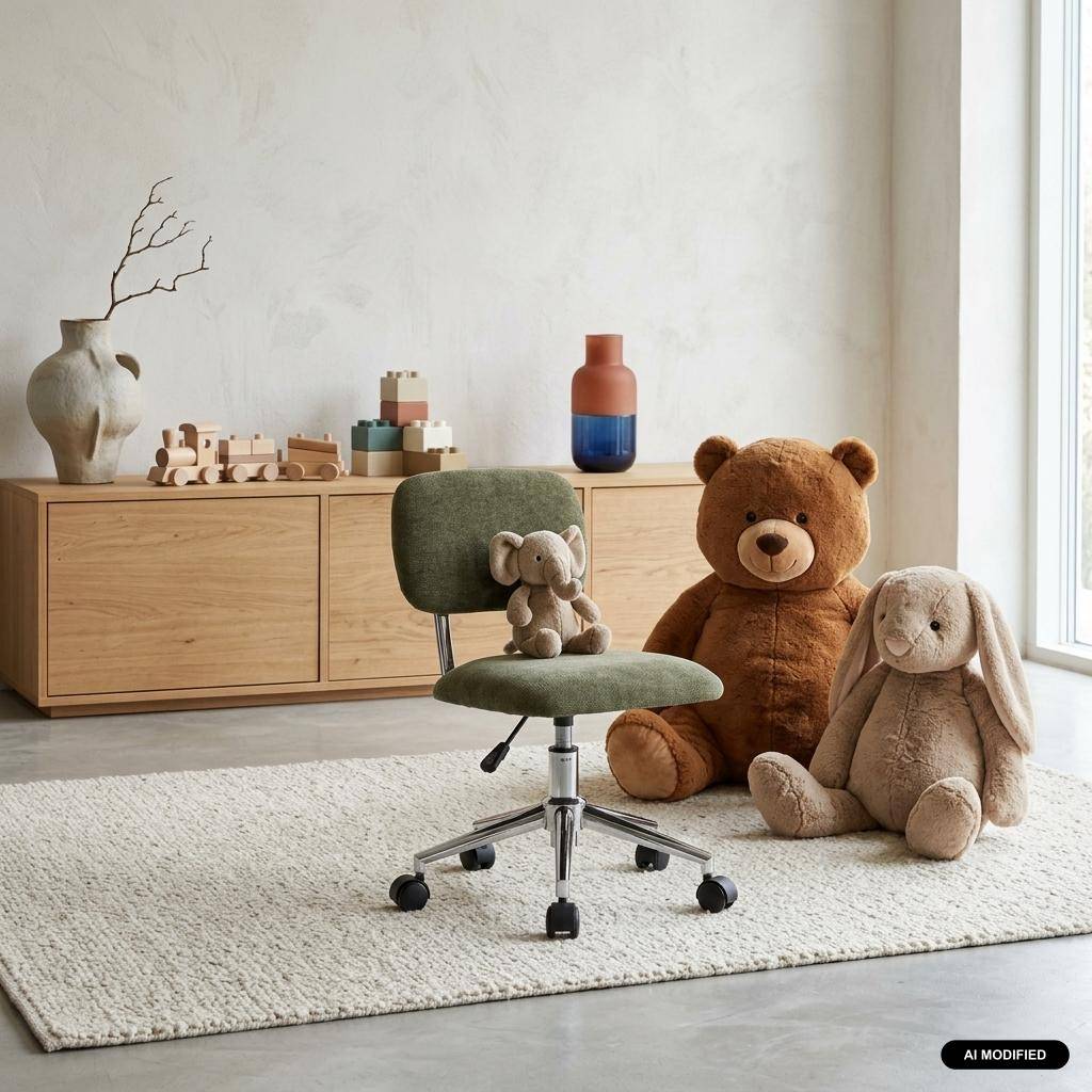 Cadeira de secretária infantil com rodas ajustável em tecido chenille Verde caqui - 52x50x73 cm Photo1