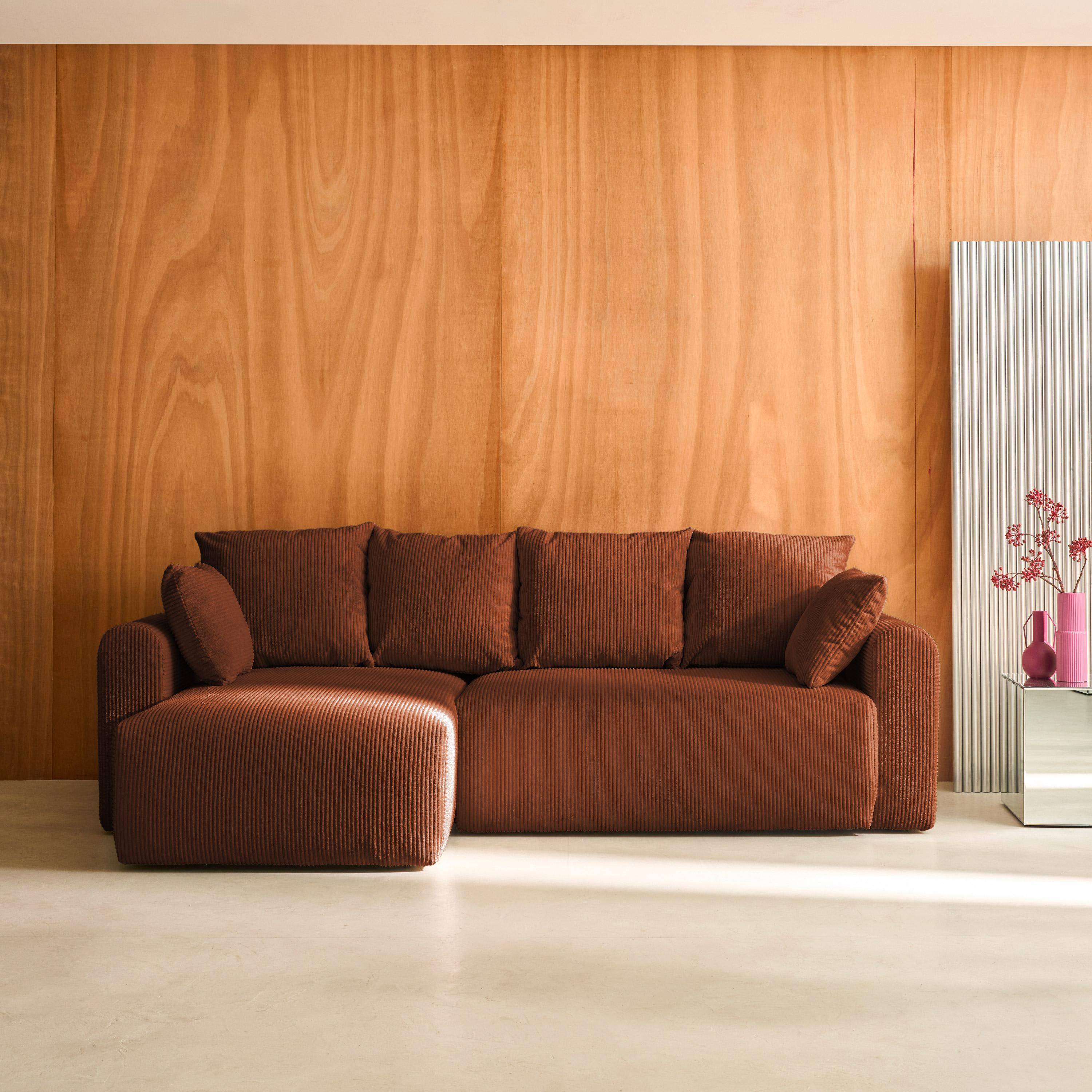 Narożna, odwracalna kanapa 3-osobowa z funkcją spania, ze sztruksu kolor ceglasty, z pojemnikiem na pościel – Almo Photo4