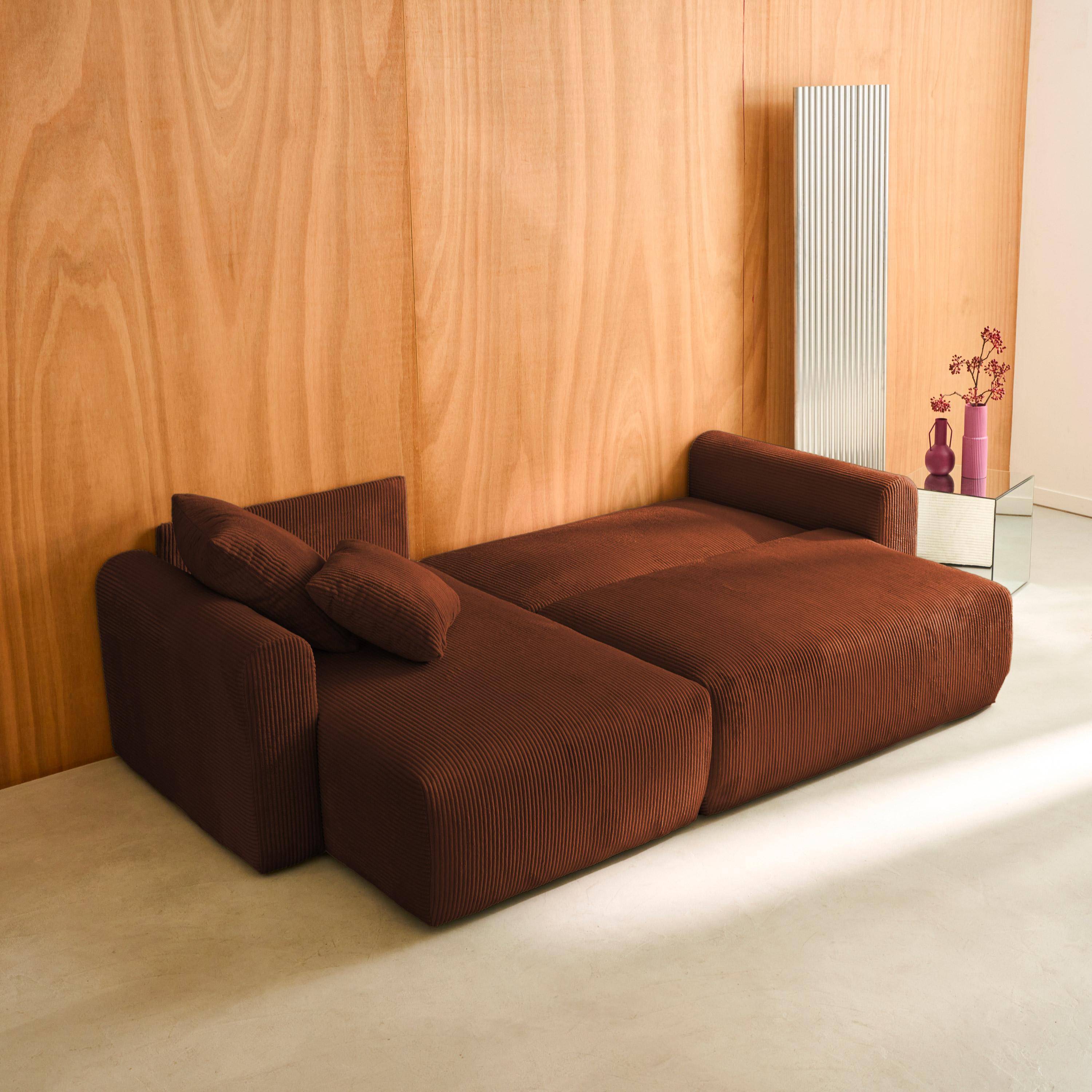 Narożna, odwracalna kanapa 3-osobowa z funkcją spania, ze sztruksu kolor ceglasty, z pojemnikiem na pościel – Almo Photo3