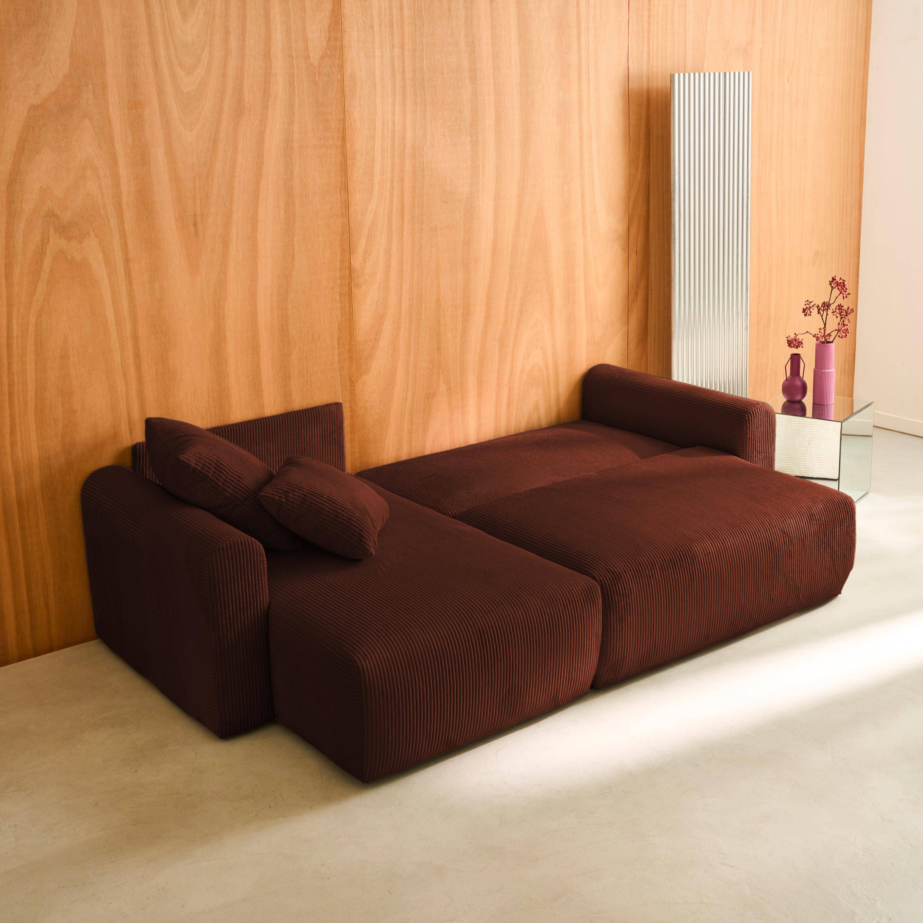 Canapé d'angle convertible réversible 3 places velours côtelé brique avec coffre de rangement - Almo,sweeek,Photo3