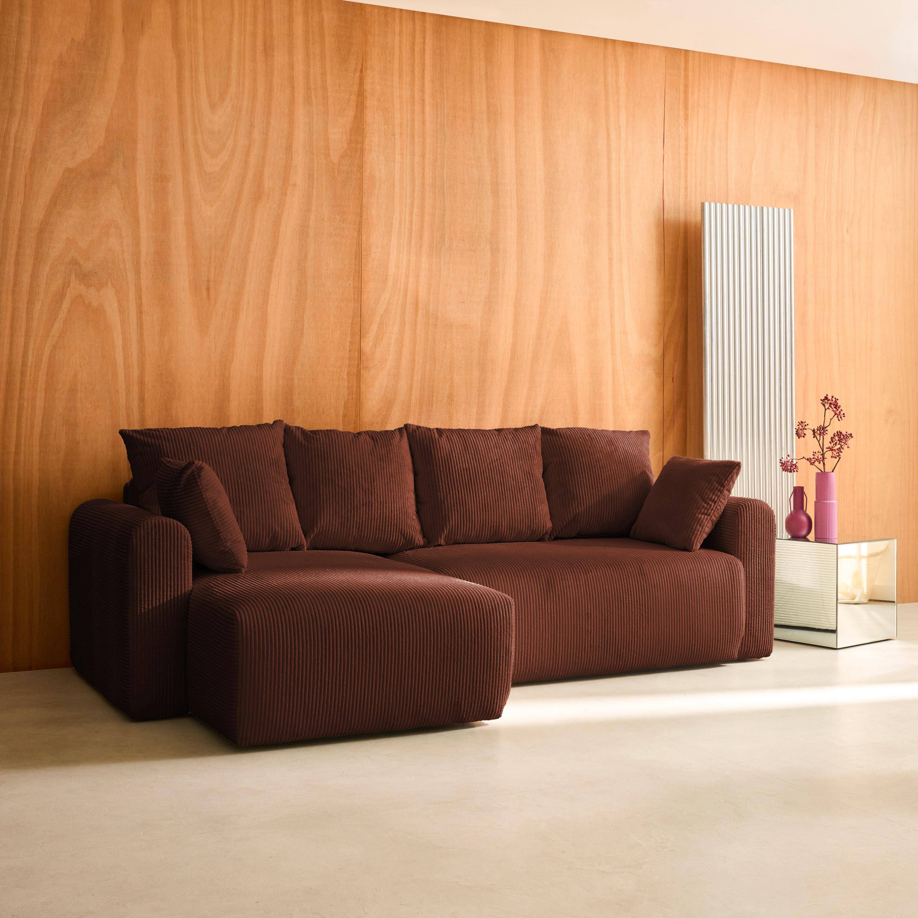 Canapé d'angle convertible réversible 3 places velours côtelé brique avec coffre de rangement - Almo Photo2