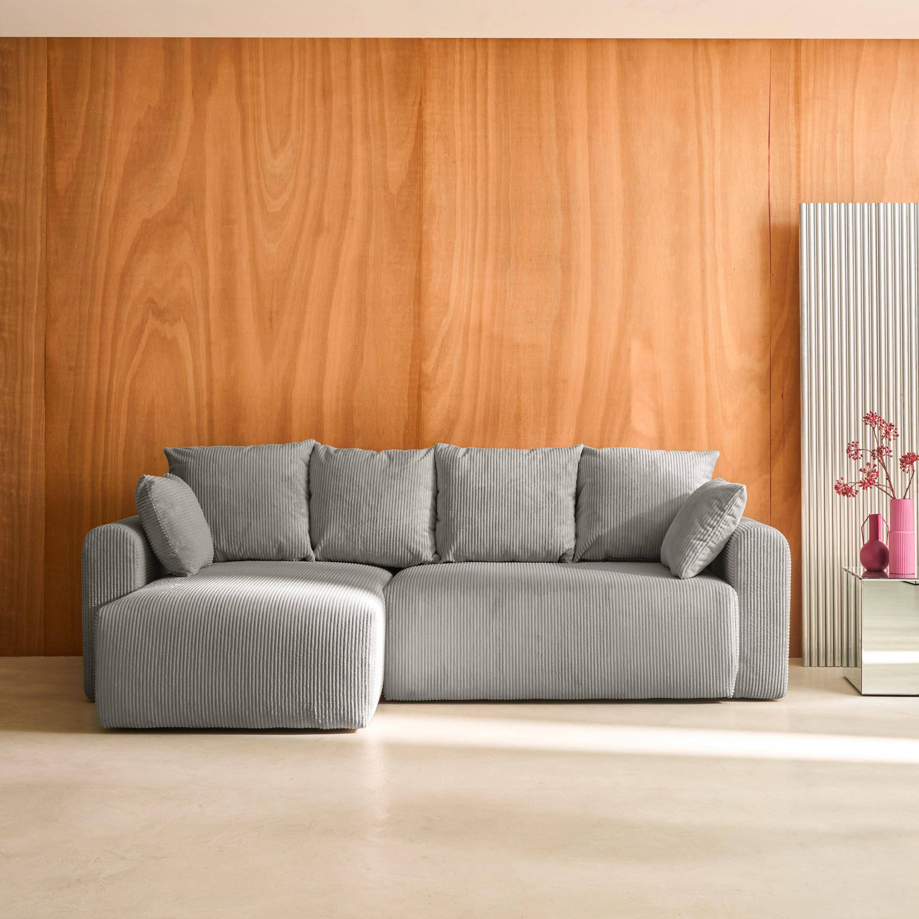 Canapé d'angle convertible réversible 3 places velours côtelé gris clair avec coffre de rangement - Almo Photo1