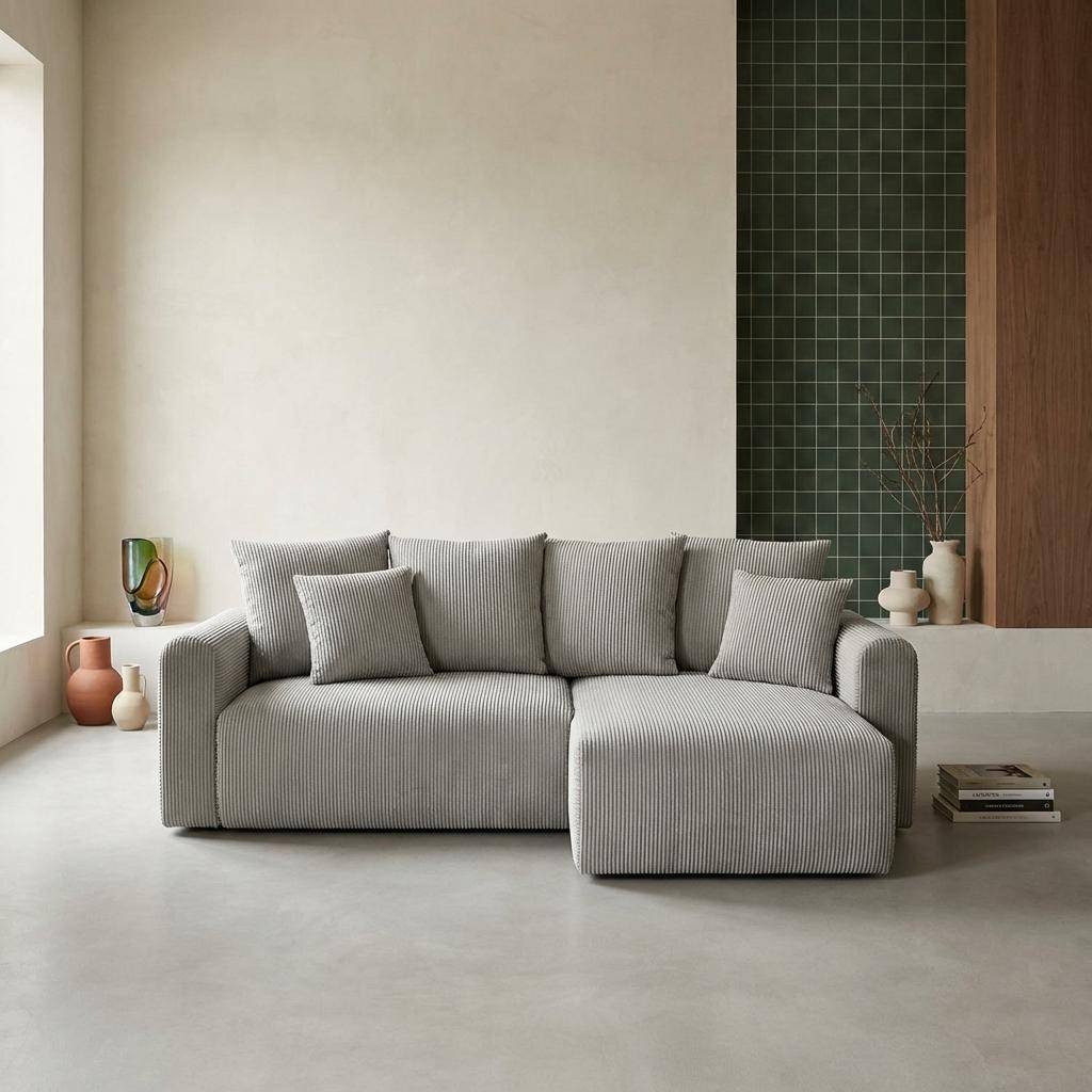 Narożna, odwracalna kanapa 3-osobowa z funkcją spania, ze sztruksu jasnoszarego, z pojemnikiem na pościel – Almo Photo1