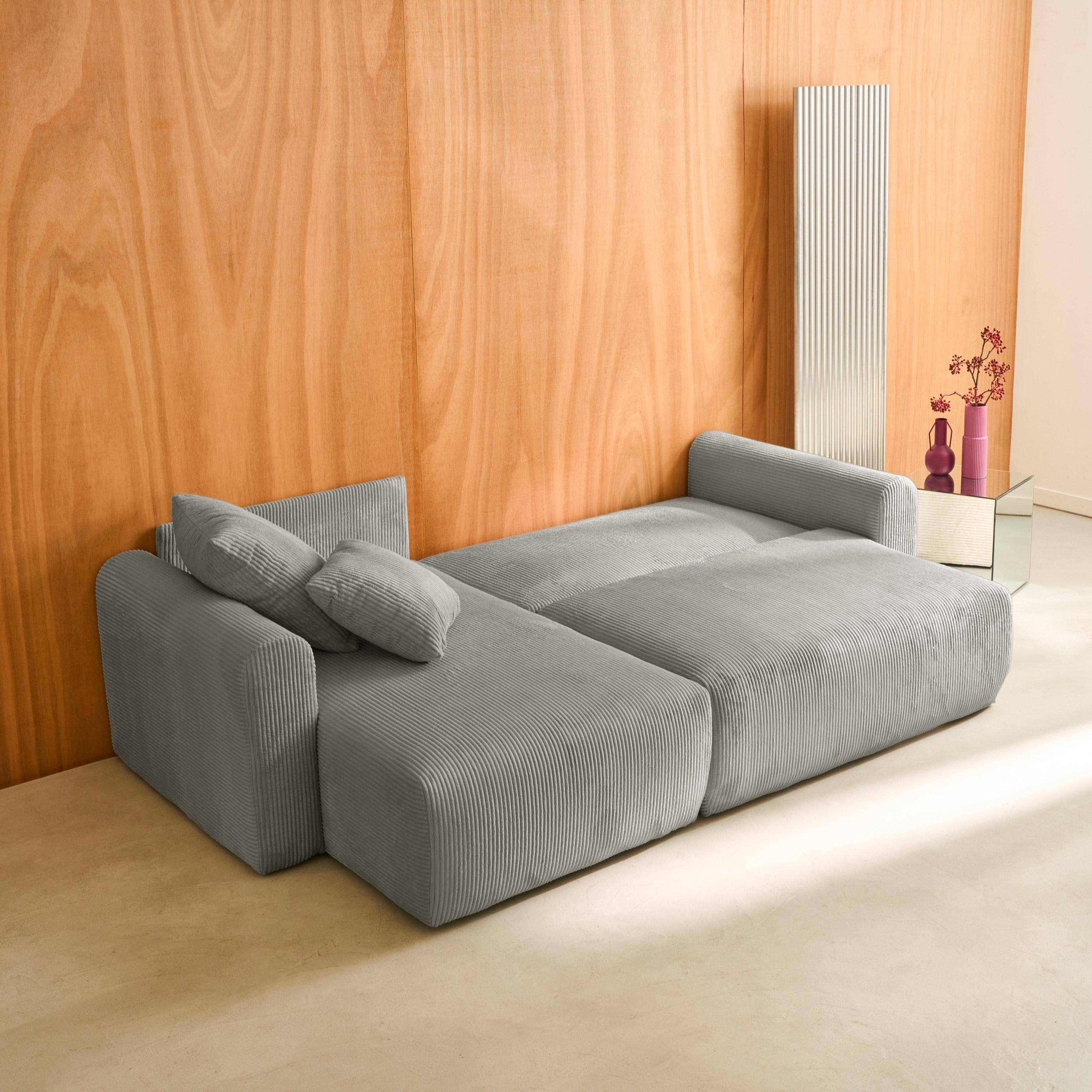 Narożna, odwracalna kanapa 3-osobowa z funkcją spania, ze sztruksu jasnoszarego, z pojemnikiem na pościel – Almo,sweeek,Photo4
