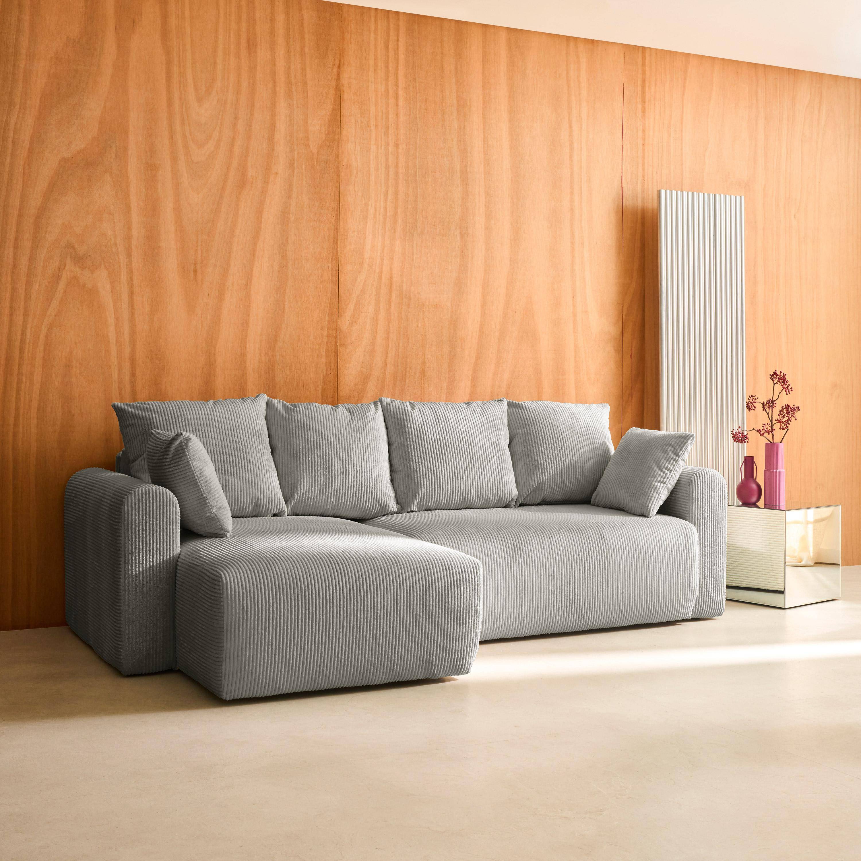 Canapé d'angle convertible réversible 3 places velours côtelé gris clair avec coffre de rangement - Almo,sweeek,Photo2